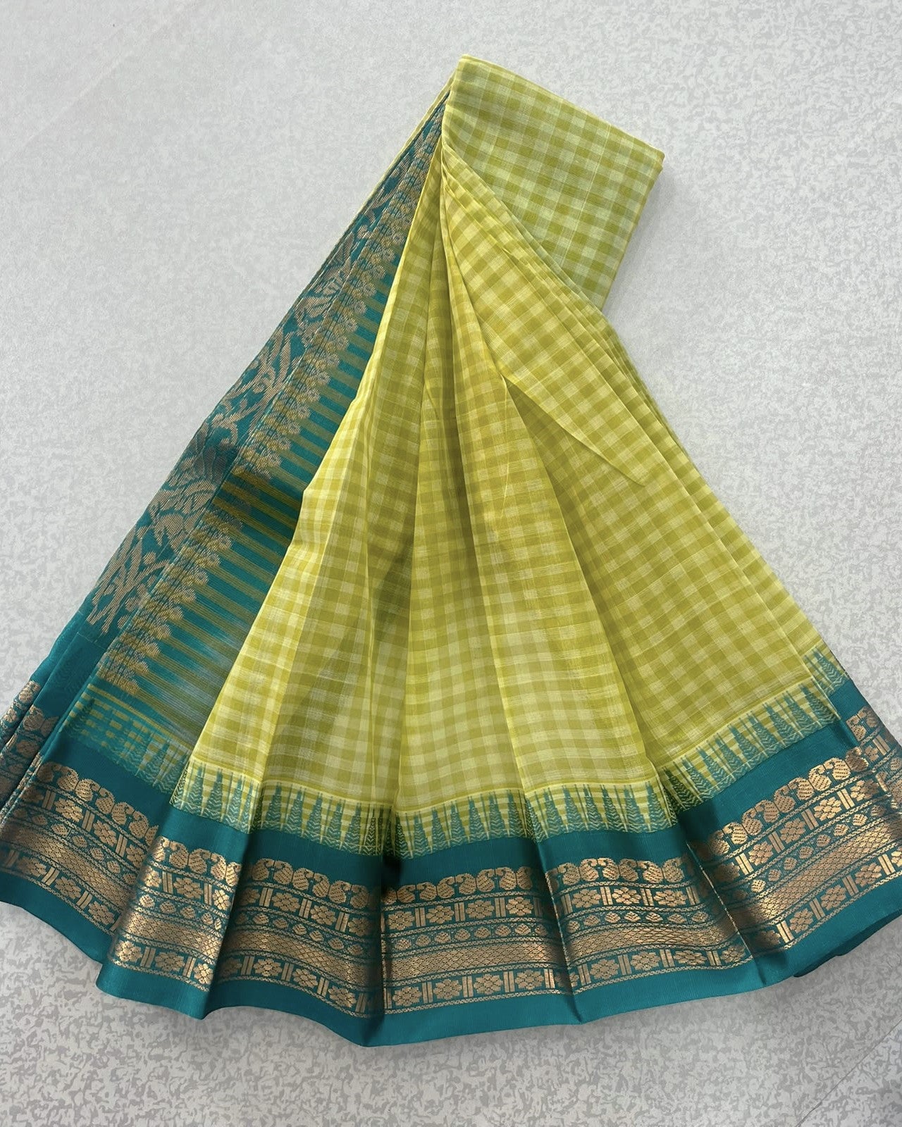 Lime Green - Teal Blue Pure Gadwal Cotton Saree