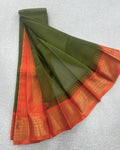 Olive Green - Copper Orange Pure Gadwal Cotton Saree