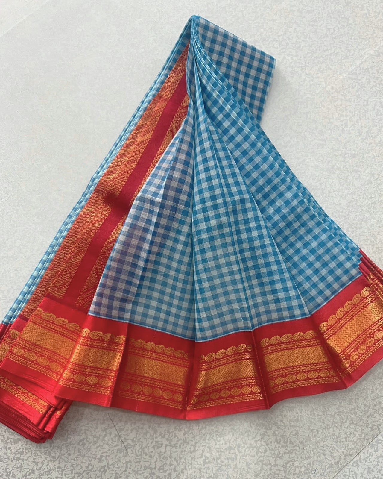 Sky Blue Checked Pure Gadwal Cotton Saree