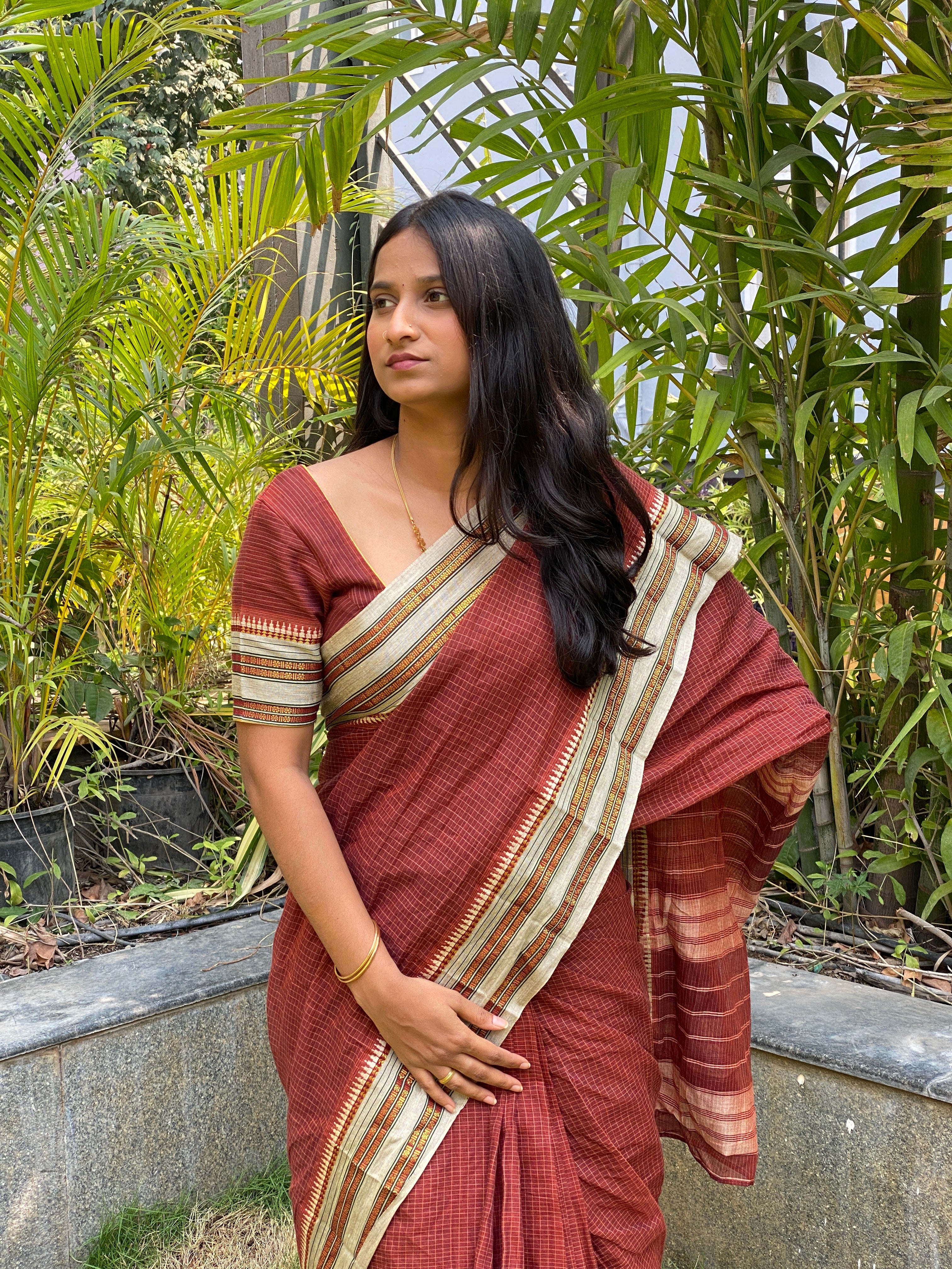Narayanpet Cotton Saree - Rustic Brown Checks