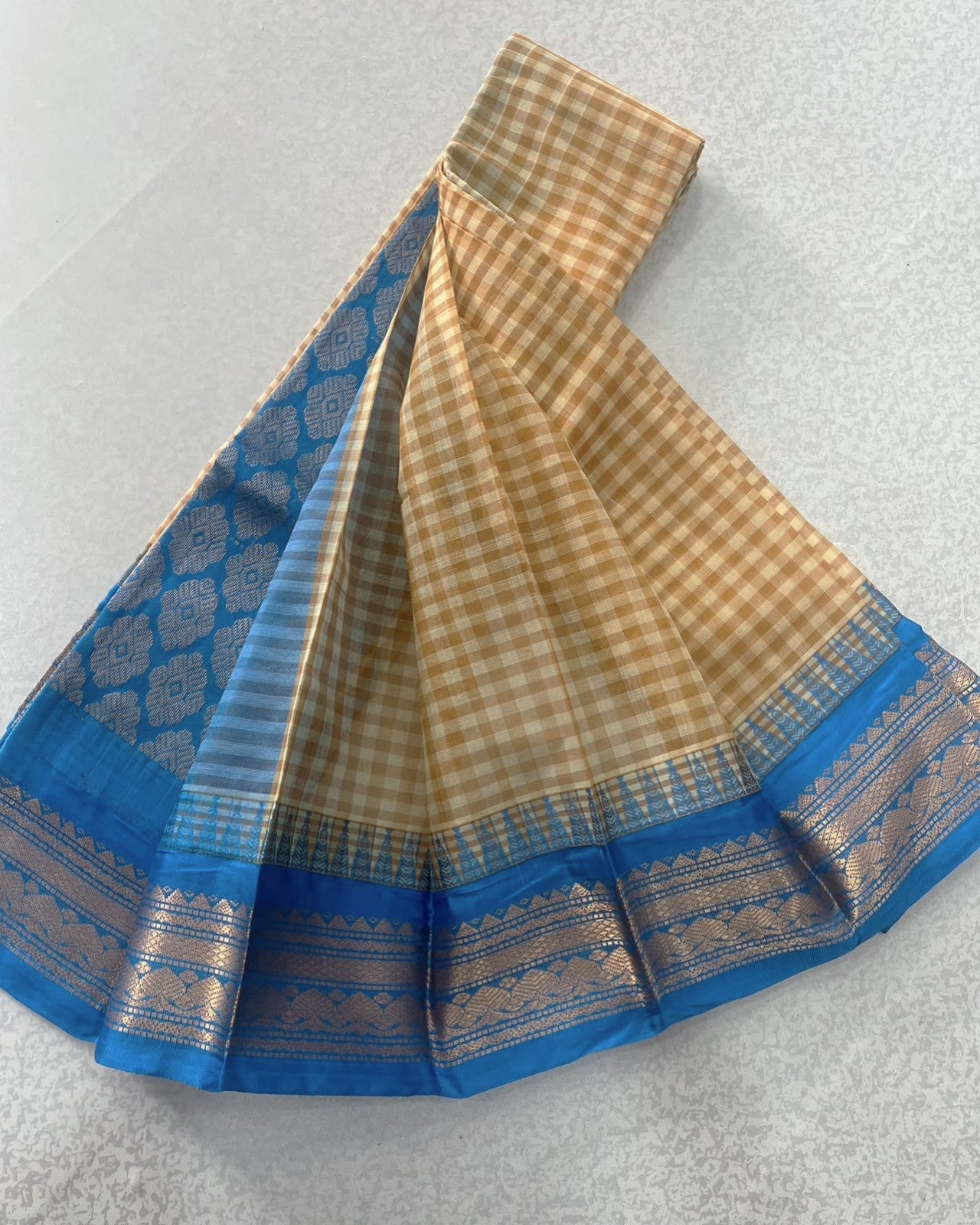 Sand Beige Checked Pure Gadwal Cotton Saree
