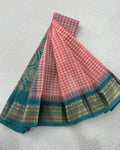 Peach Pink Checked - Teal Green Pure Gadwal Cotton Saree