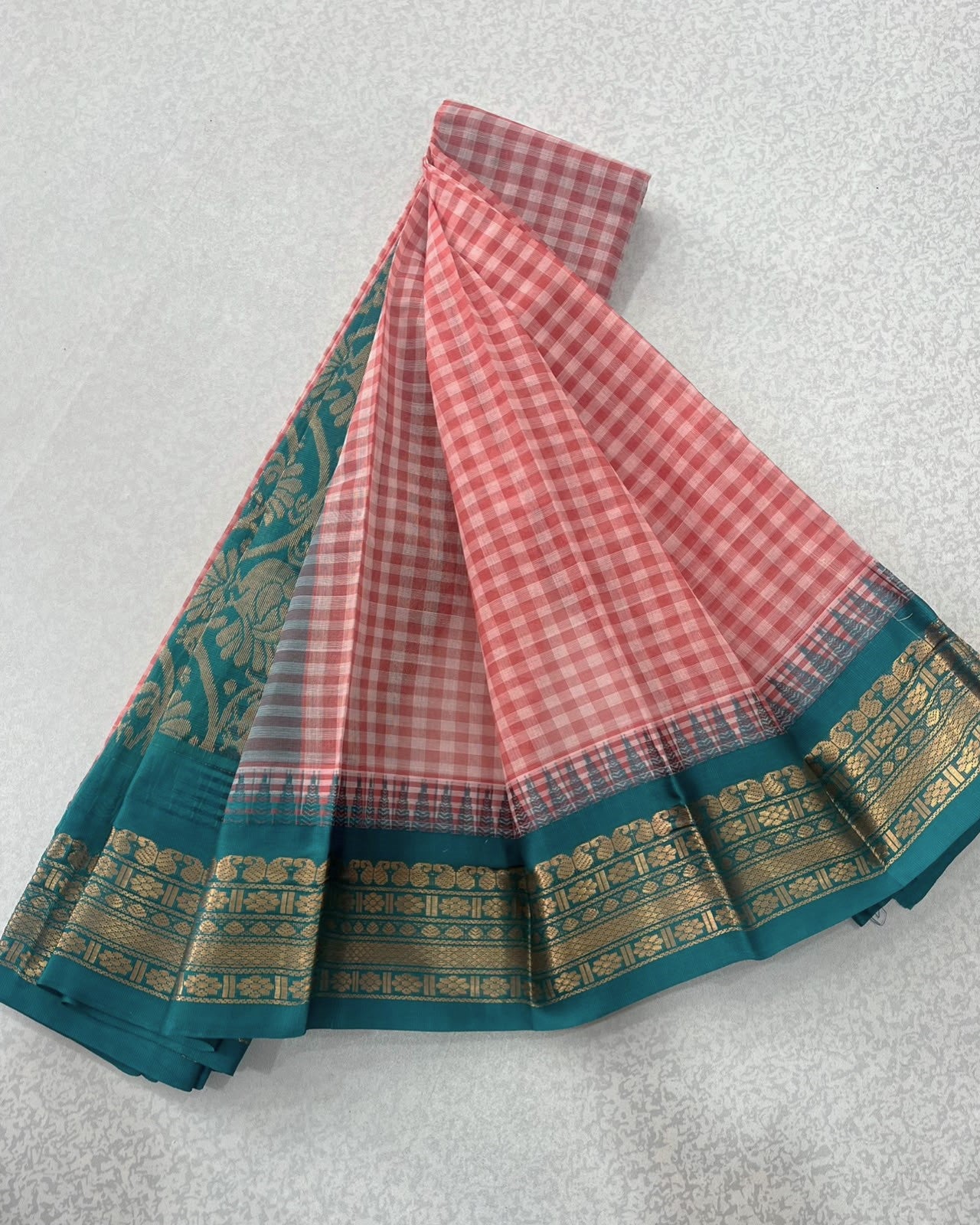 Peach Pink Checked - Teal Green Pure Gadwal Cotton Saree