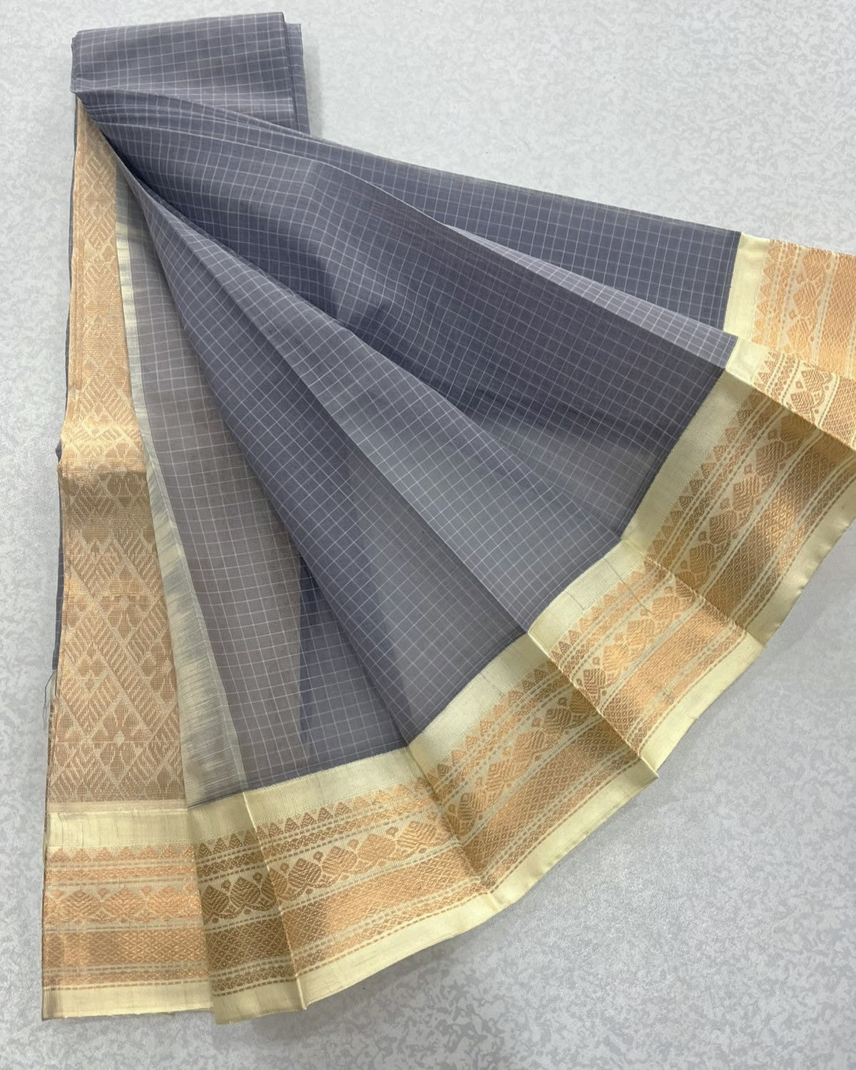 Slate Grey Checked Pure Gadwal Cotton Saree