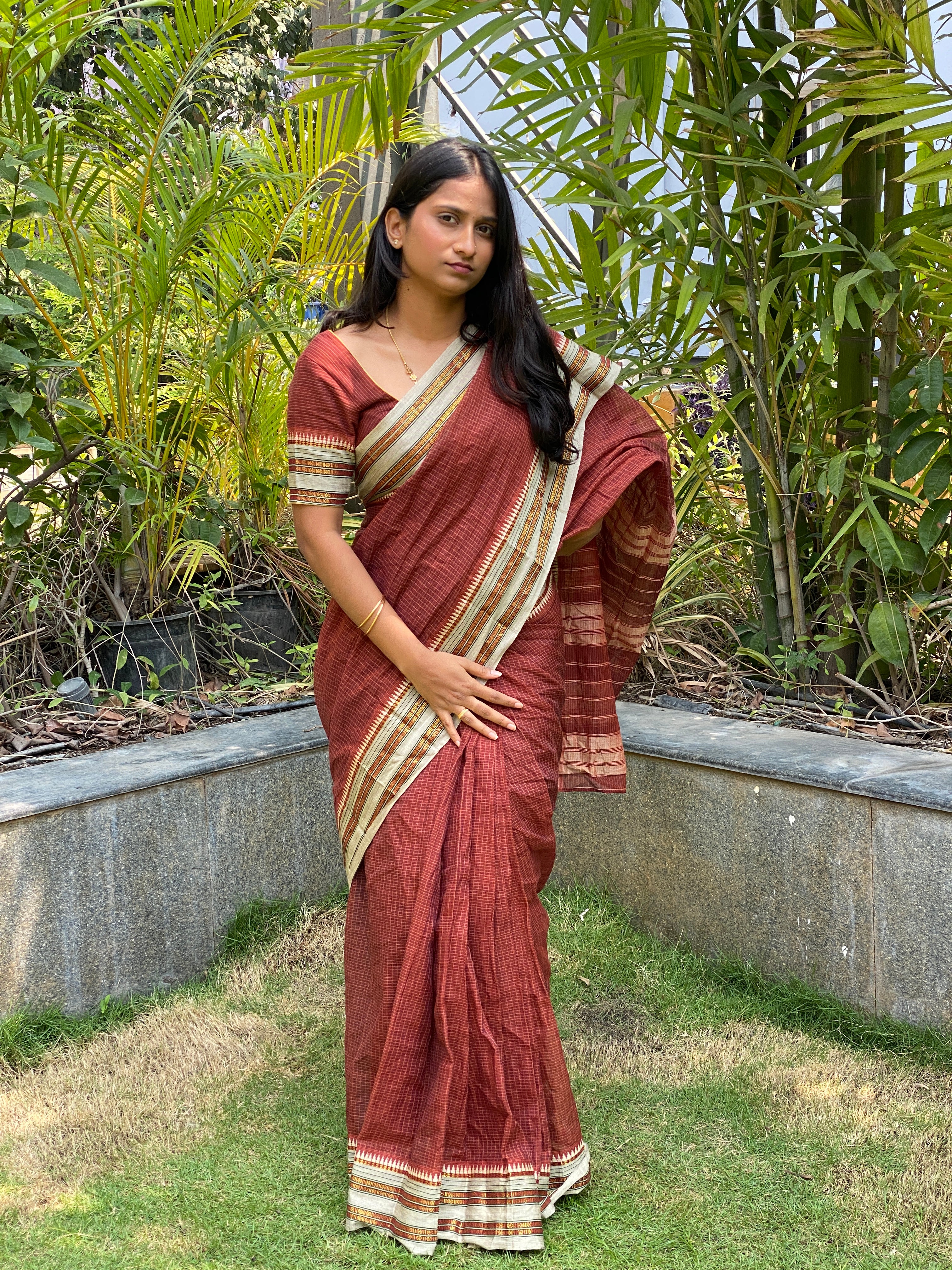 Narayanpet Cotton Saree - Rustic Brown Checks