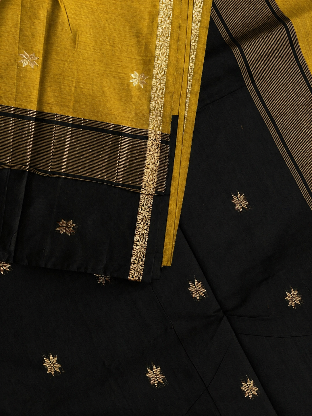 Black handloom maheshwari cotton saree with yellow border