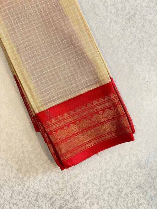 Ivory Crimson Pure Gadwal Cotton Saree