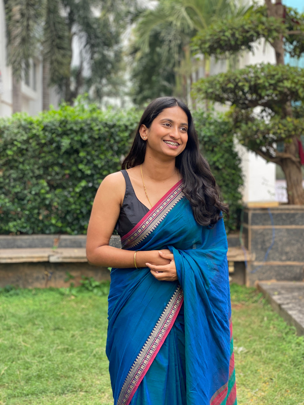 Narayanpet Cotton Saree - Royal Blue Flower Border