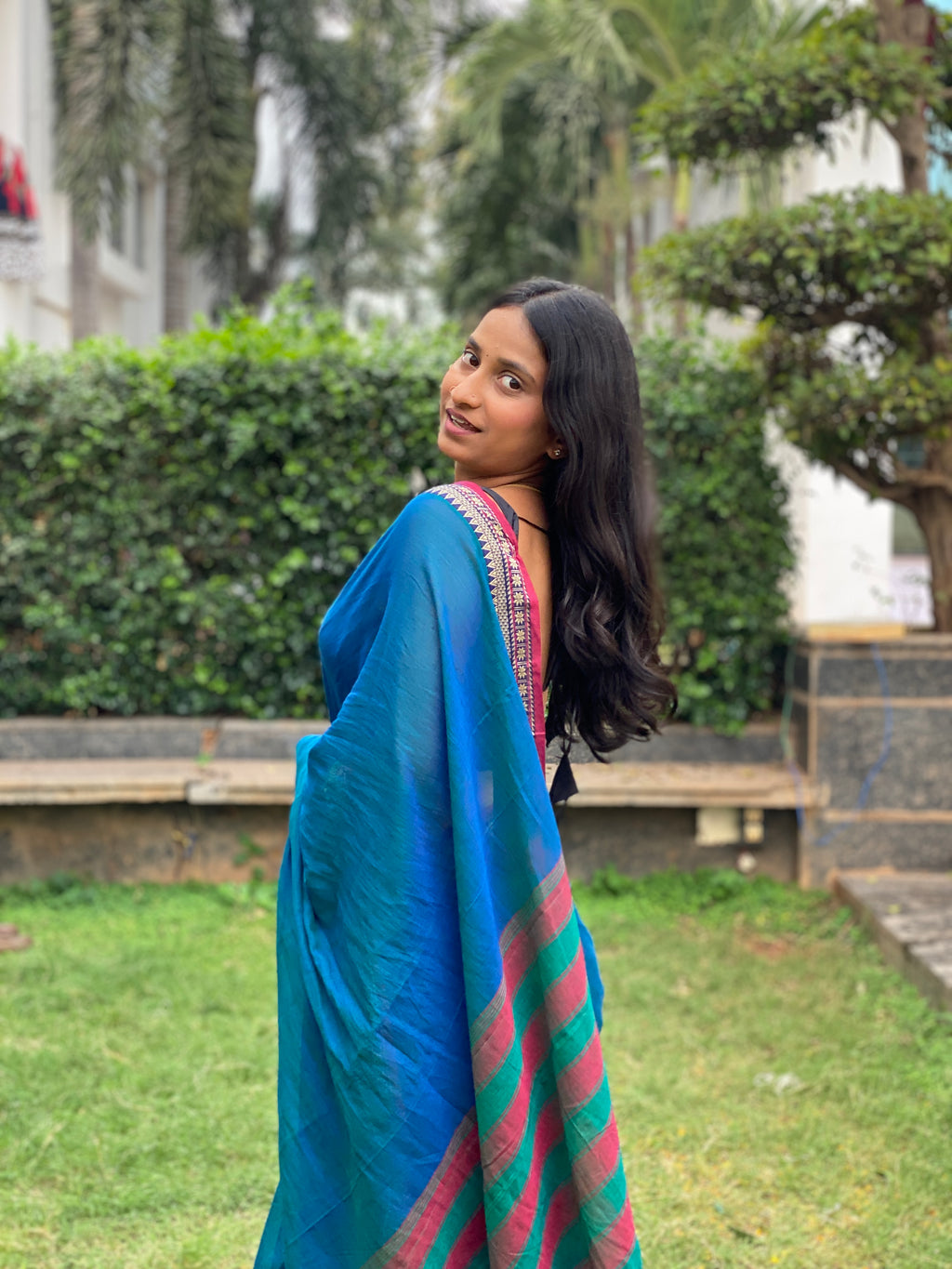 Narayanpet Cotton Saree - Royal Blue Flower Border