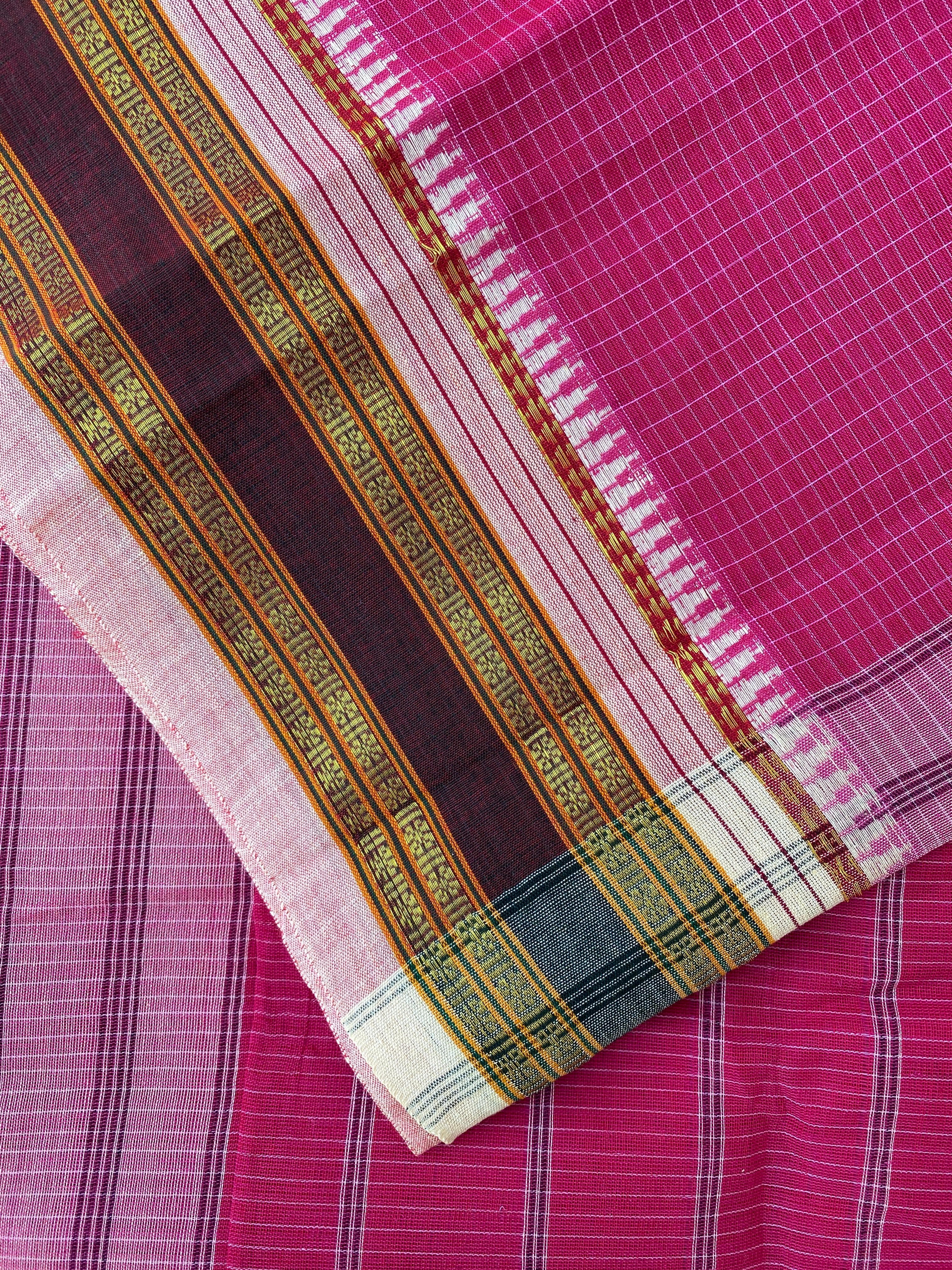 Narayanpet Cotton Saree - Light Pink Checks