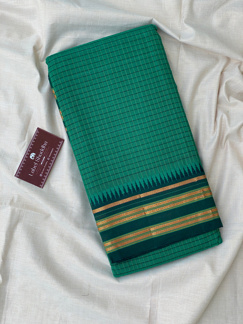 Narayanpet Cotton Saree - Dark Green Checks