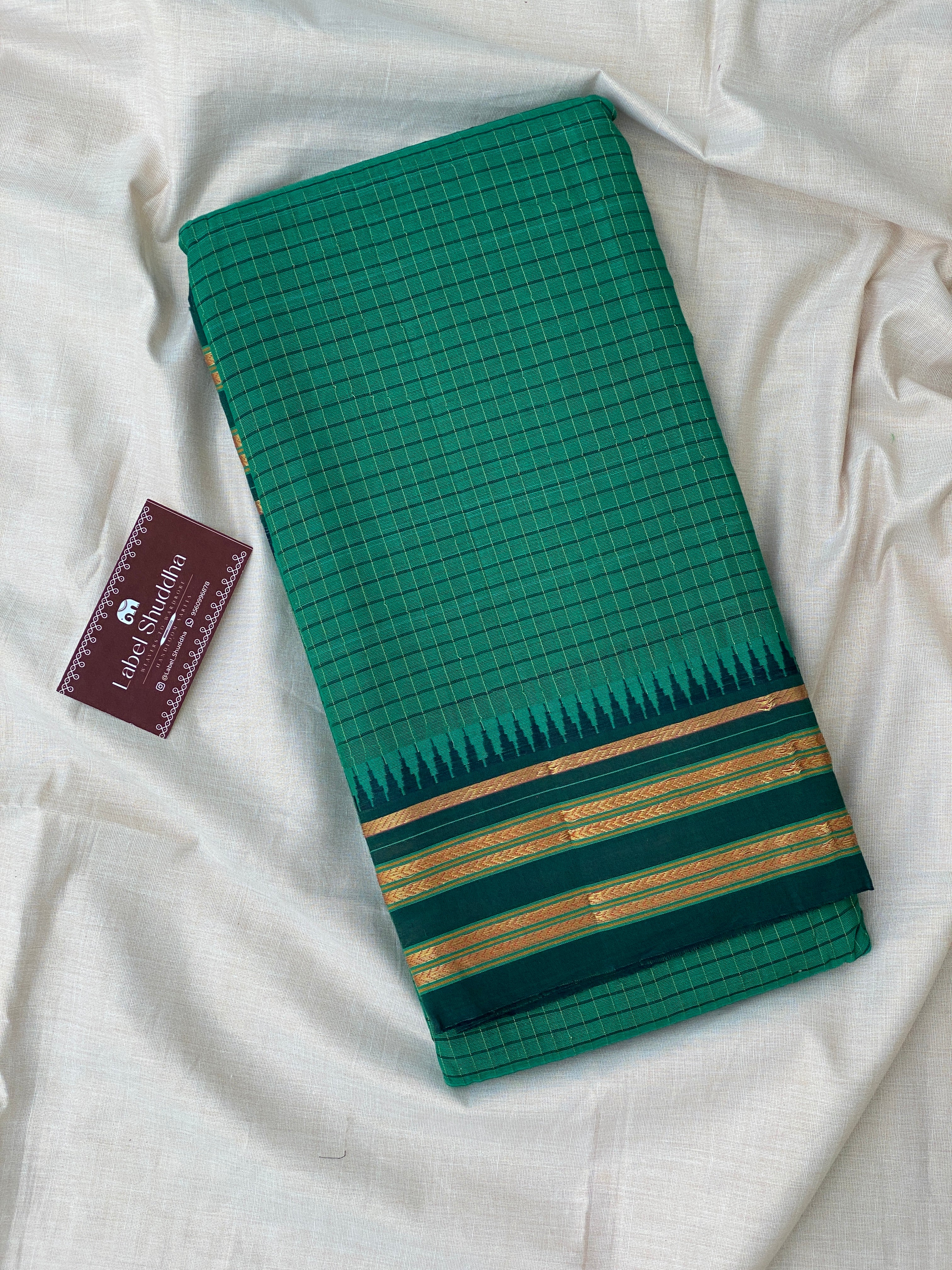 Narayanpet Cotton Saree - Dark Green Checks