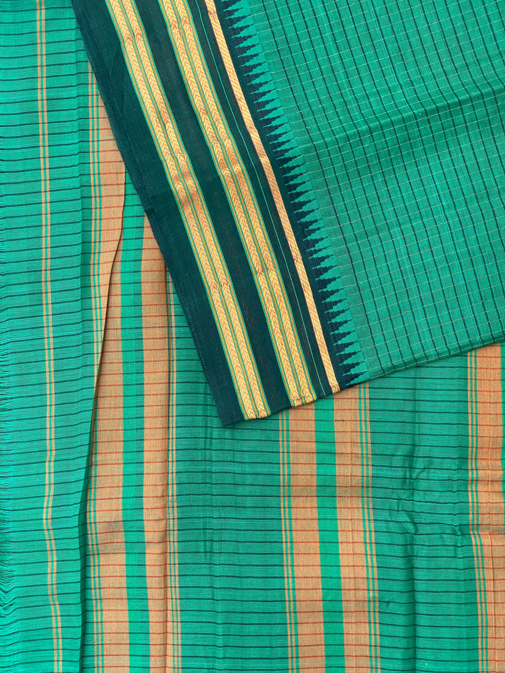 Narayanpet Cotton Saree - Dark Green Checks