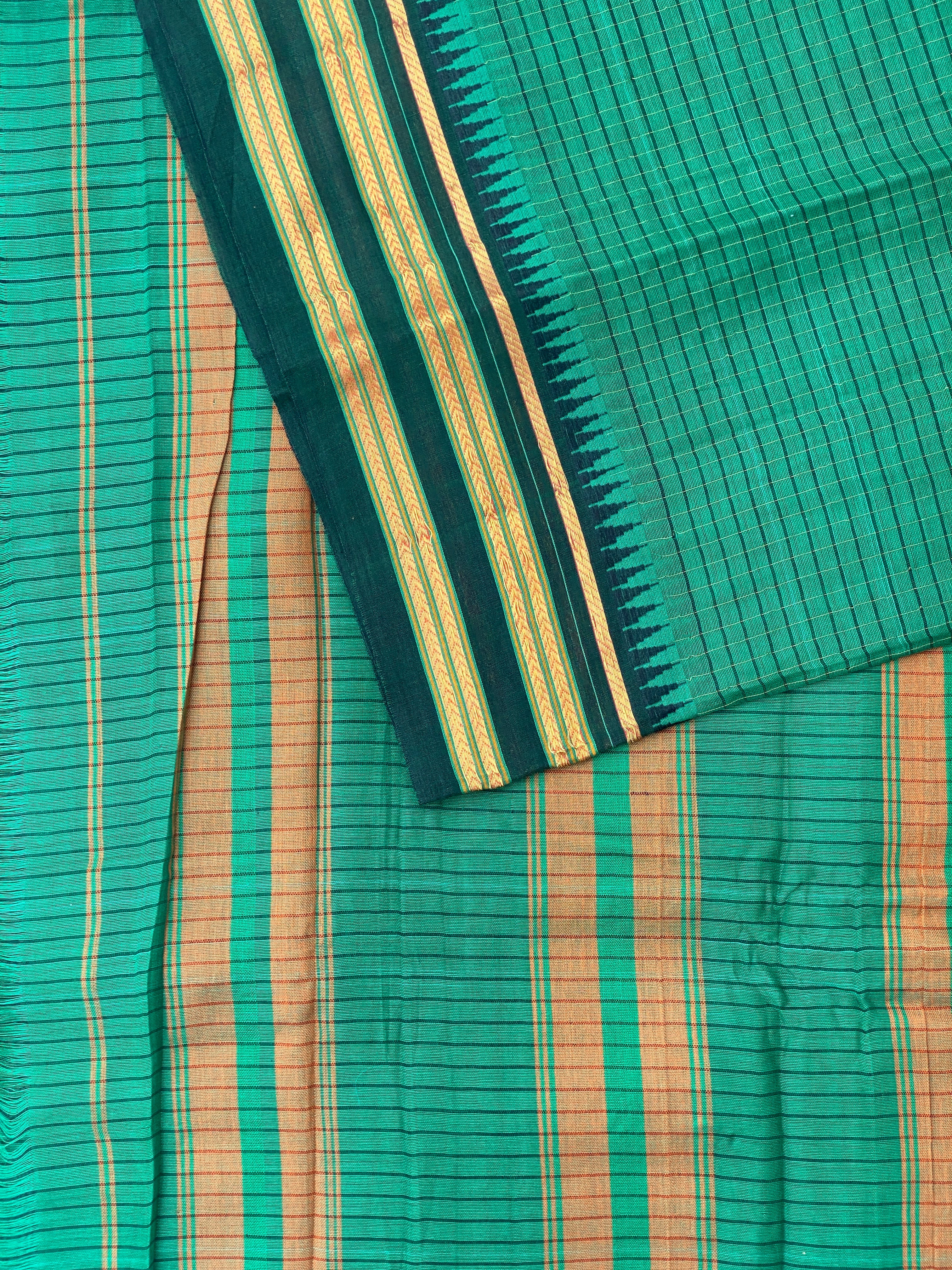 Narayanpet Cotton Saree - Dark Green Checks