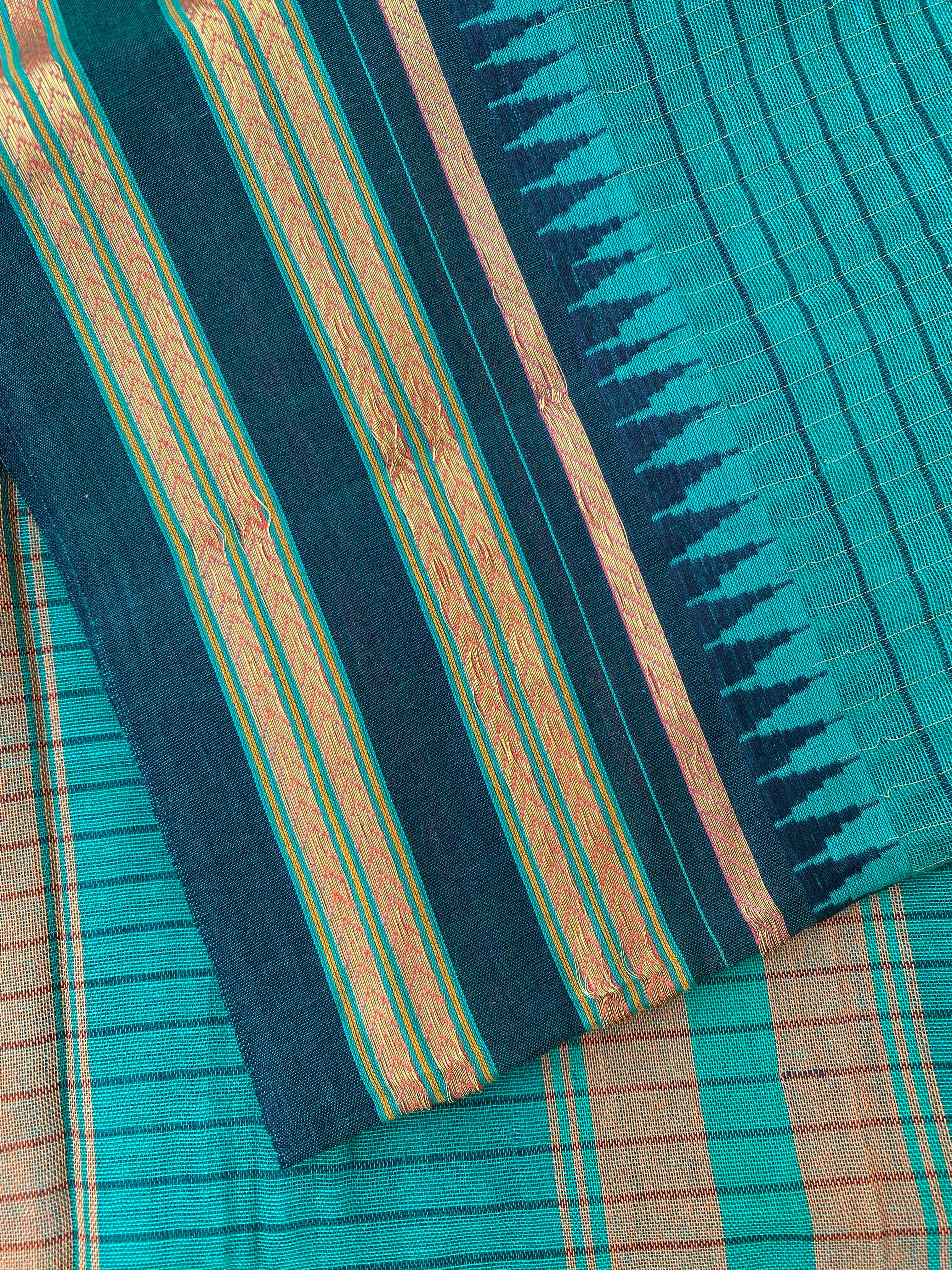 Narayanpet Cotton Saree - Dark Green Checks