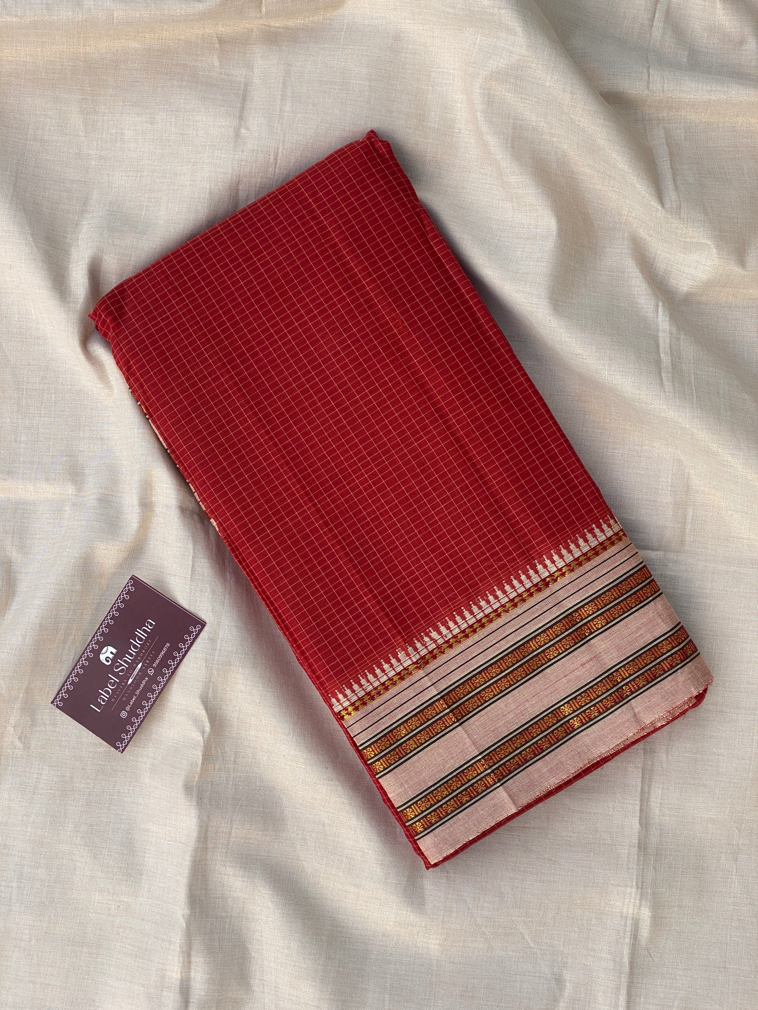 Narayanpet Cotton Saree - Red Cream Checks