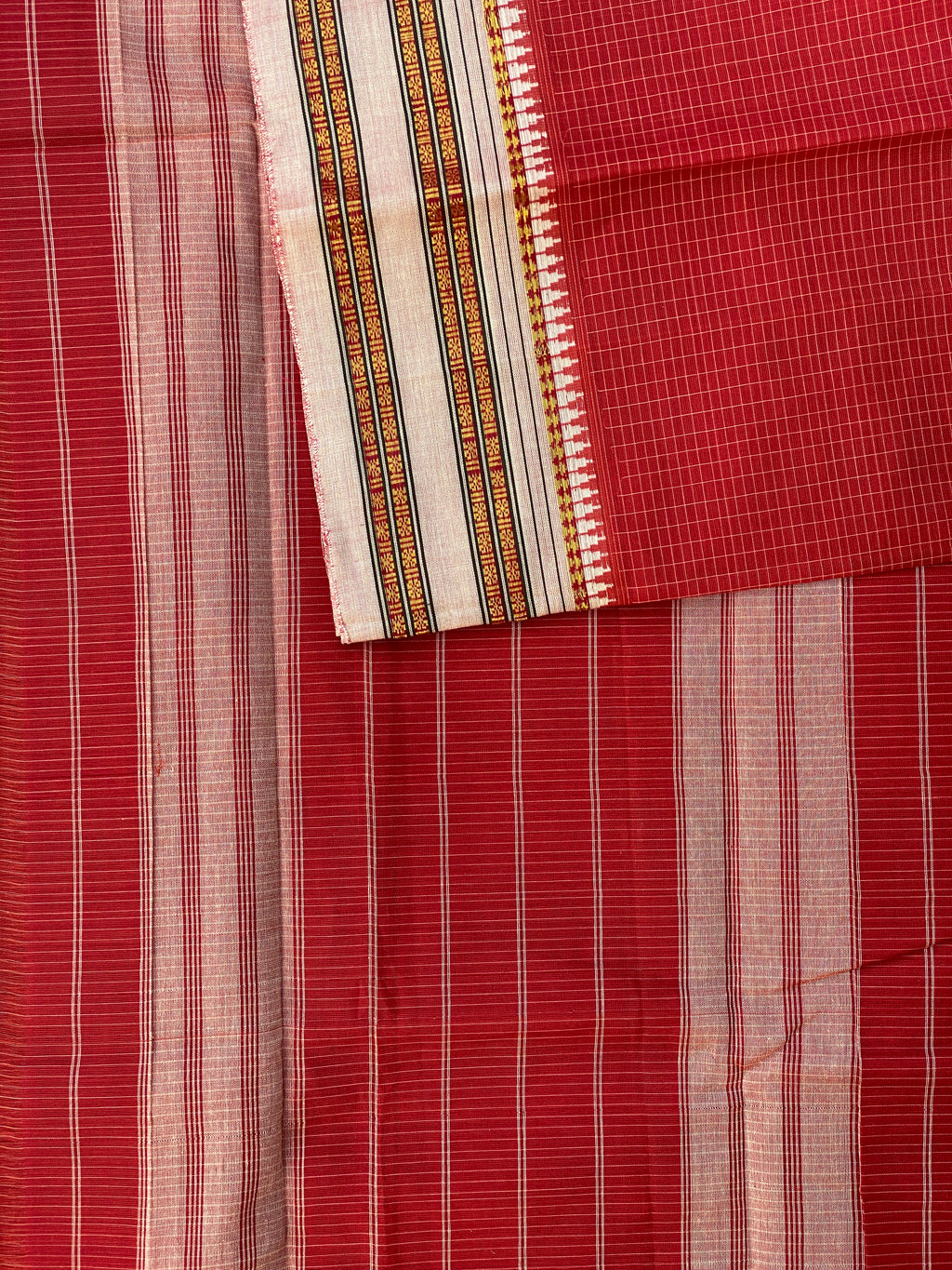 Narayanpet Cotton Saree - Red Cream Checks