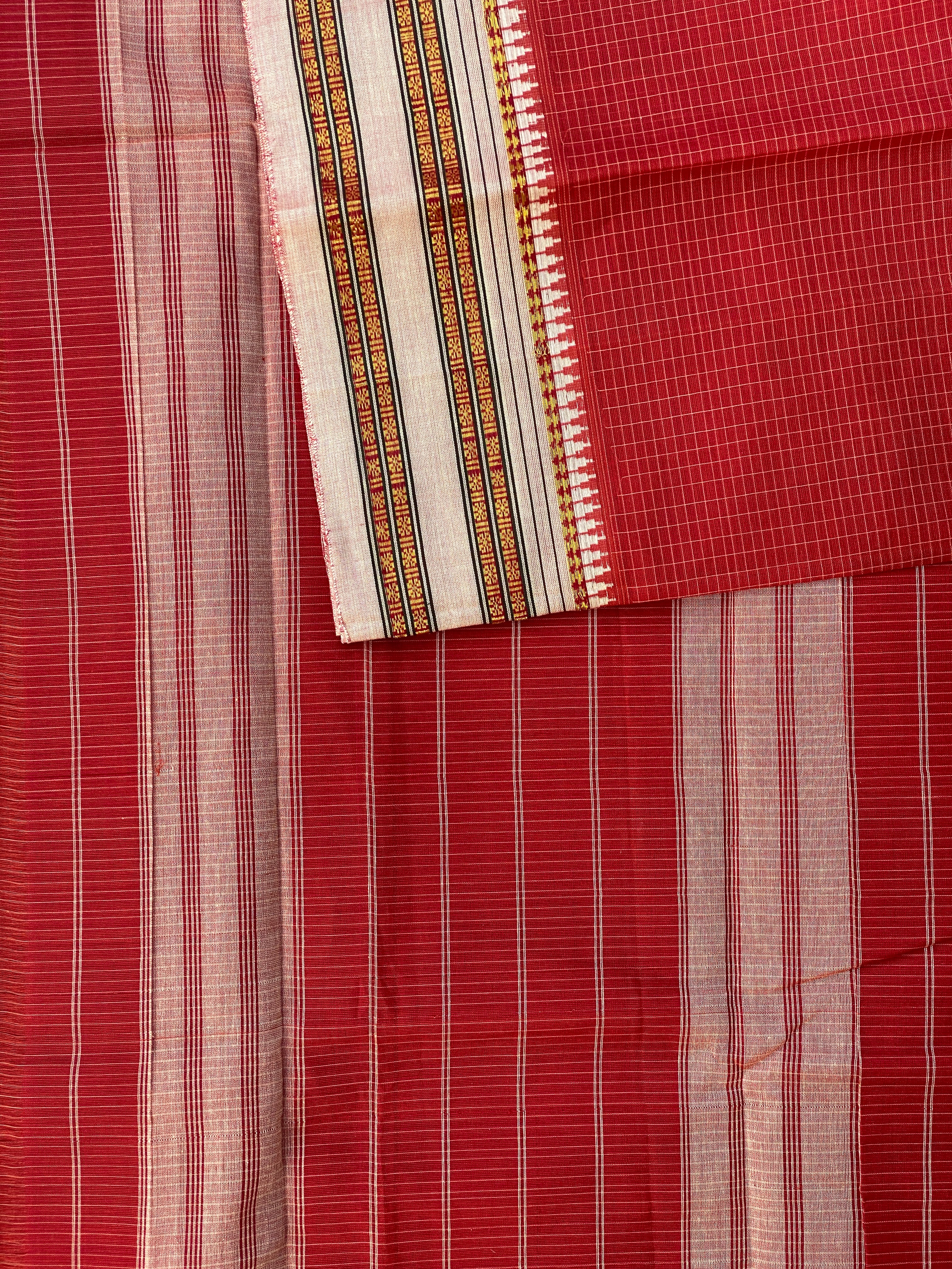 Narayanpet Cotton Saree - Red Cream Checks