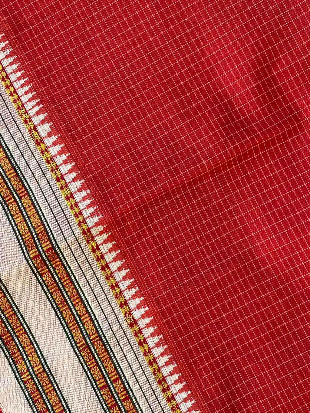 Narayanpet Cotton Saree - Red Cream Checks