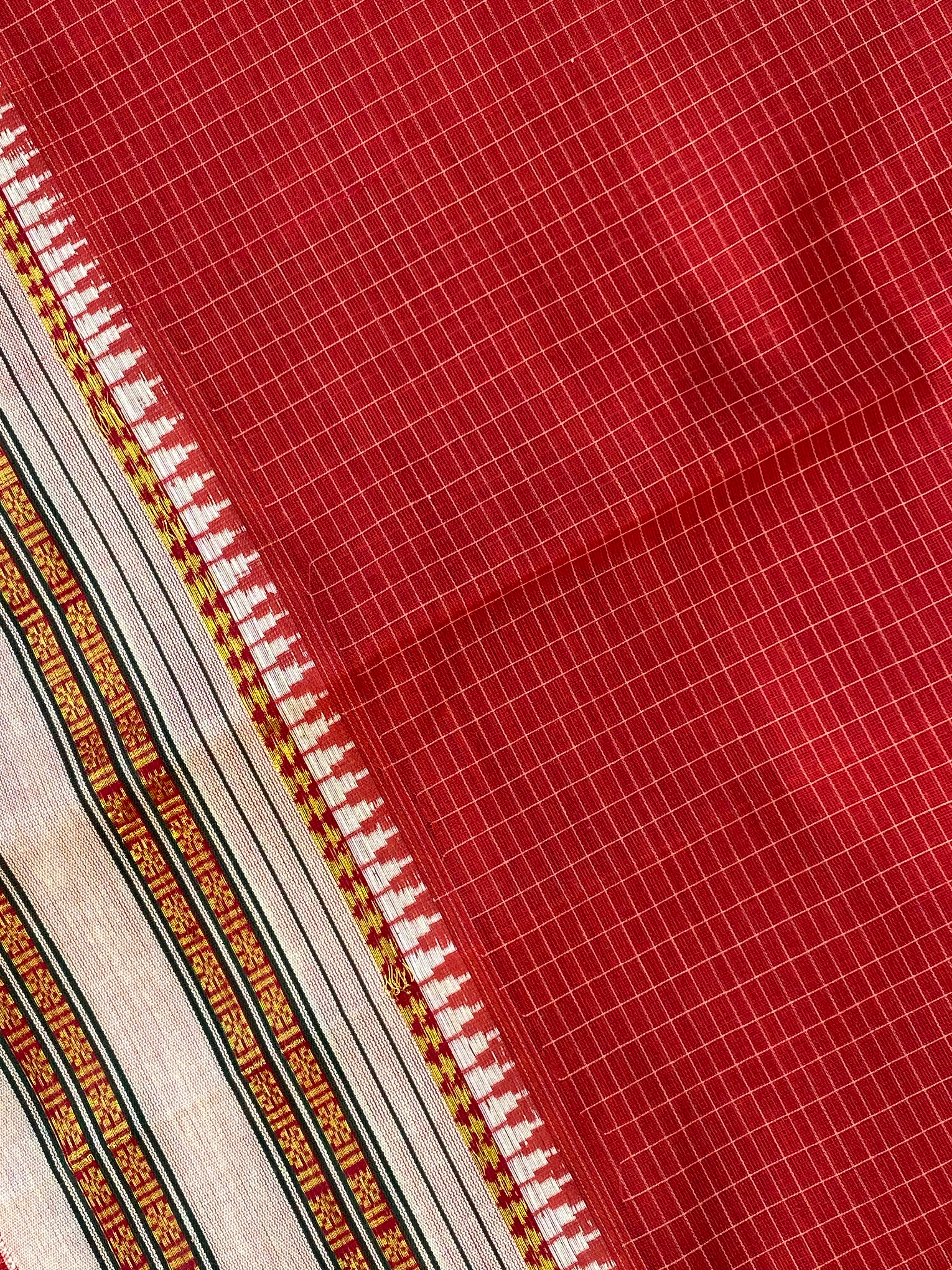 Narayanpet Cotton Saree - Red Cream Checks