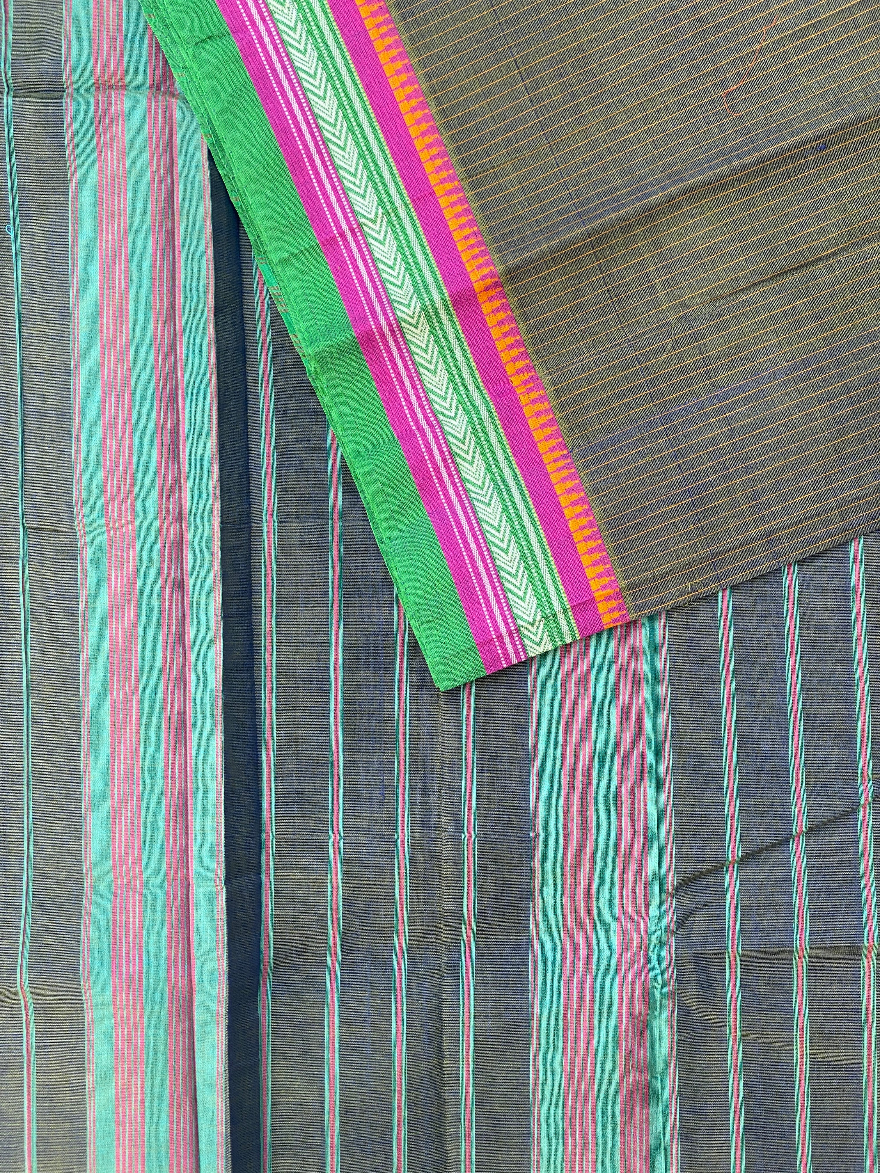 Narayanpet Cotton Saree - Mehendi Green Stripes