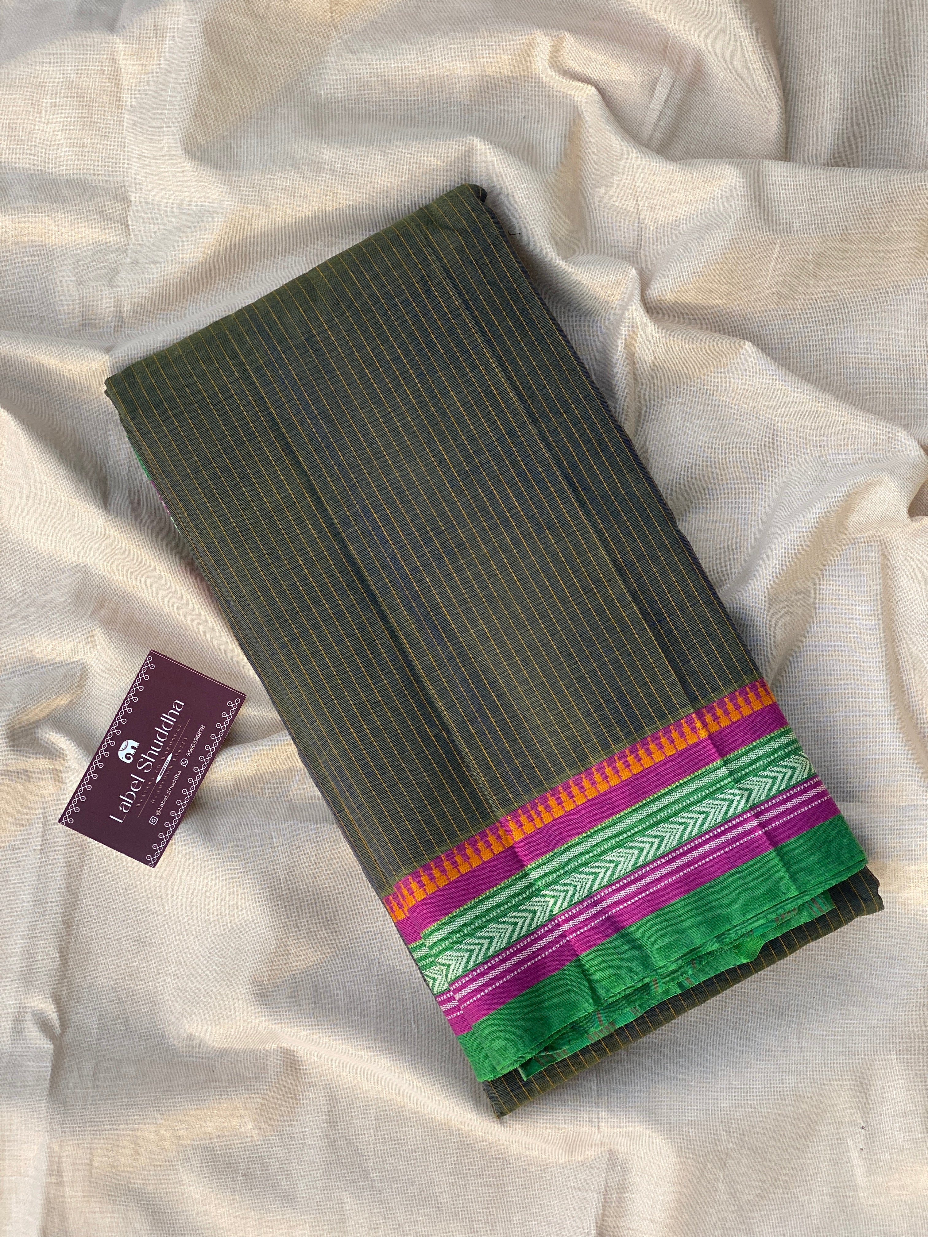 Narayanpet Cotton Saree - Mehendi Green Stripes