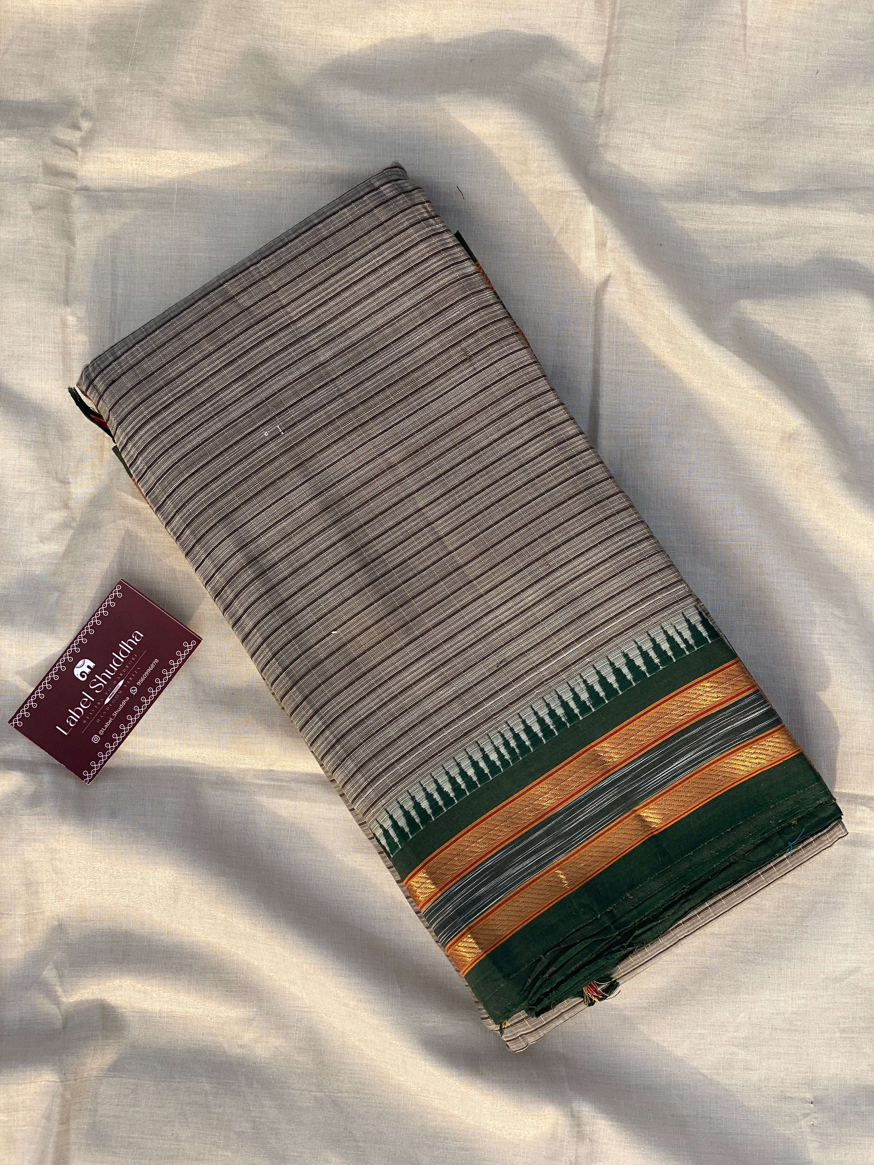 Narayanpet Cotton Saree - Brown Green Stripes