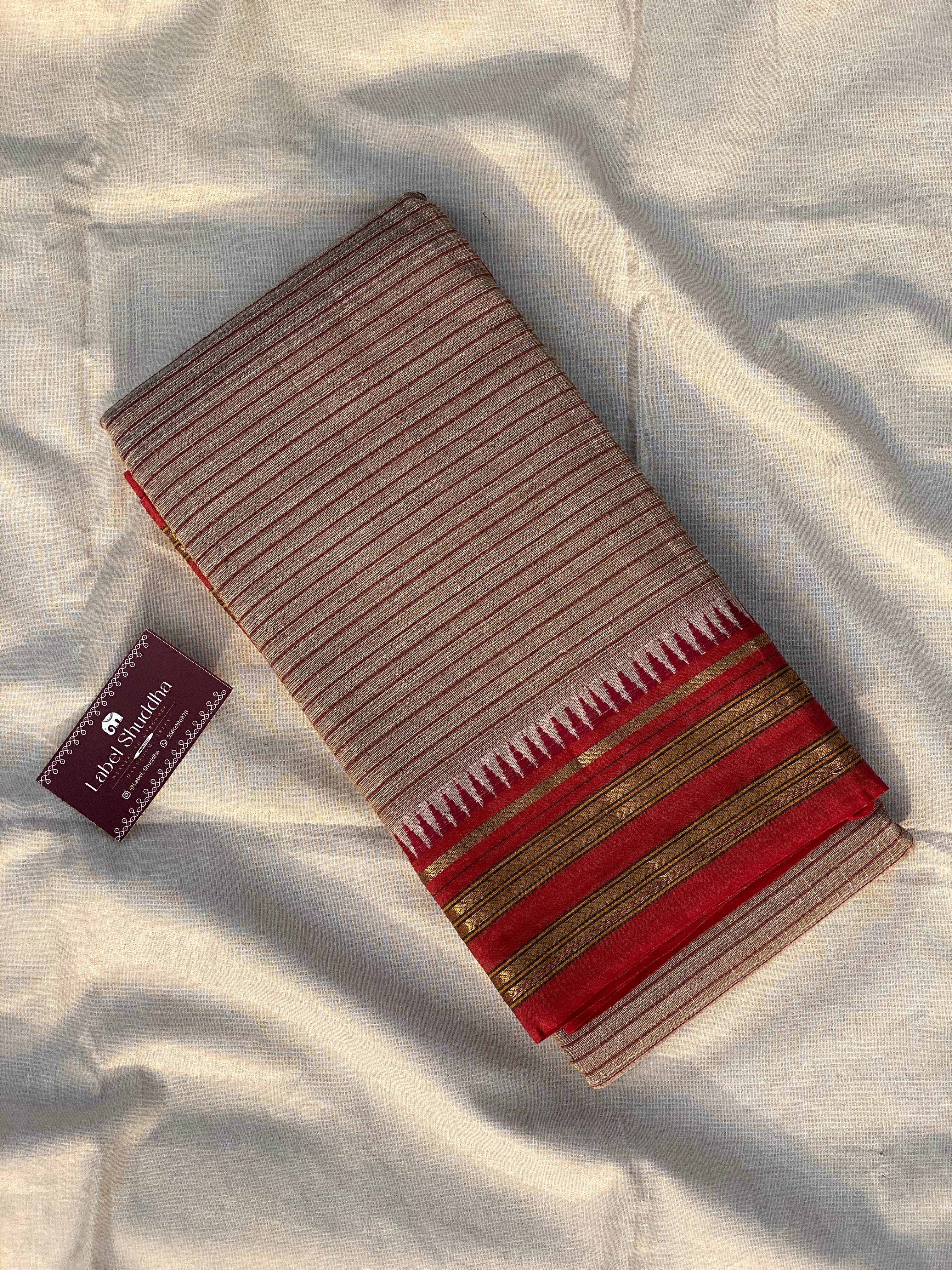 Narayanpet Cotton Saree - Brown Red Stripes