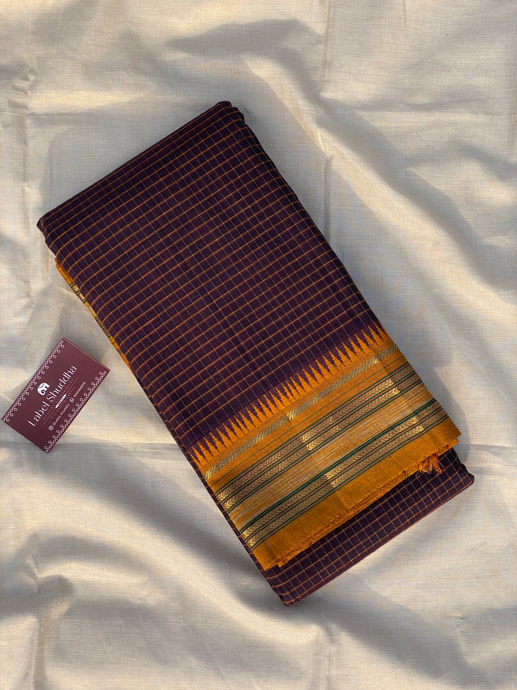 Narayanpet Cotton Saree - Brown Yellow Checks