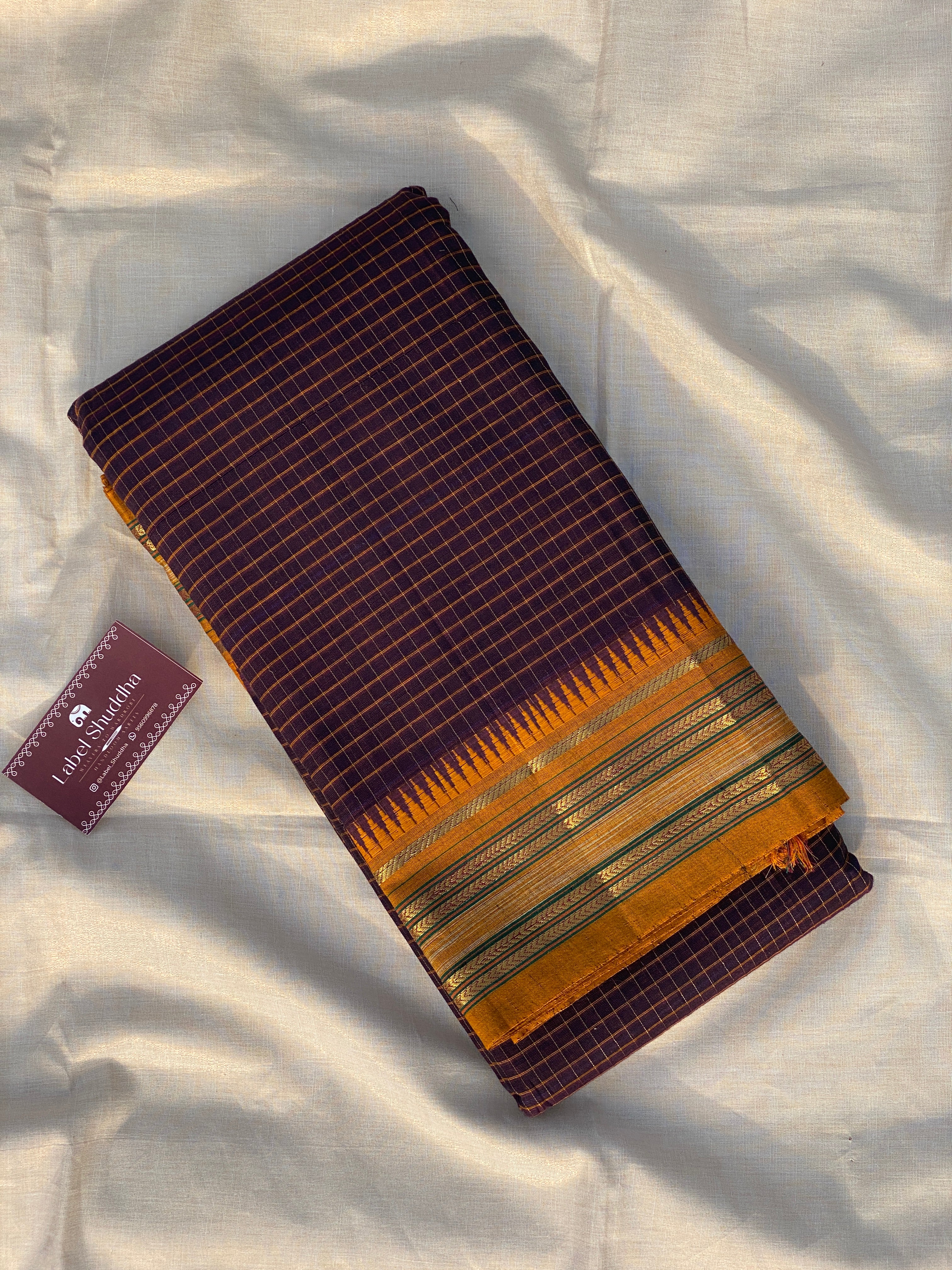 Narayanpet Cotton Saree - Brown Yellow Checks