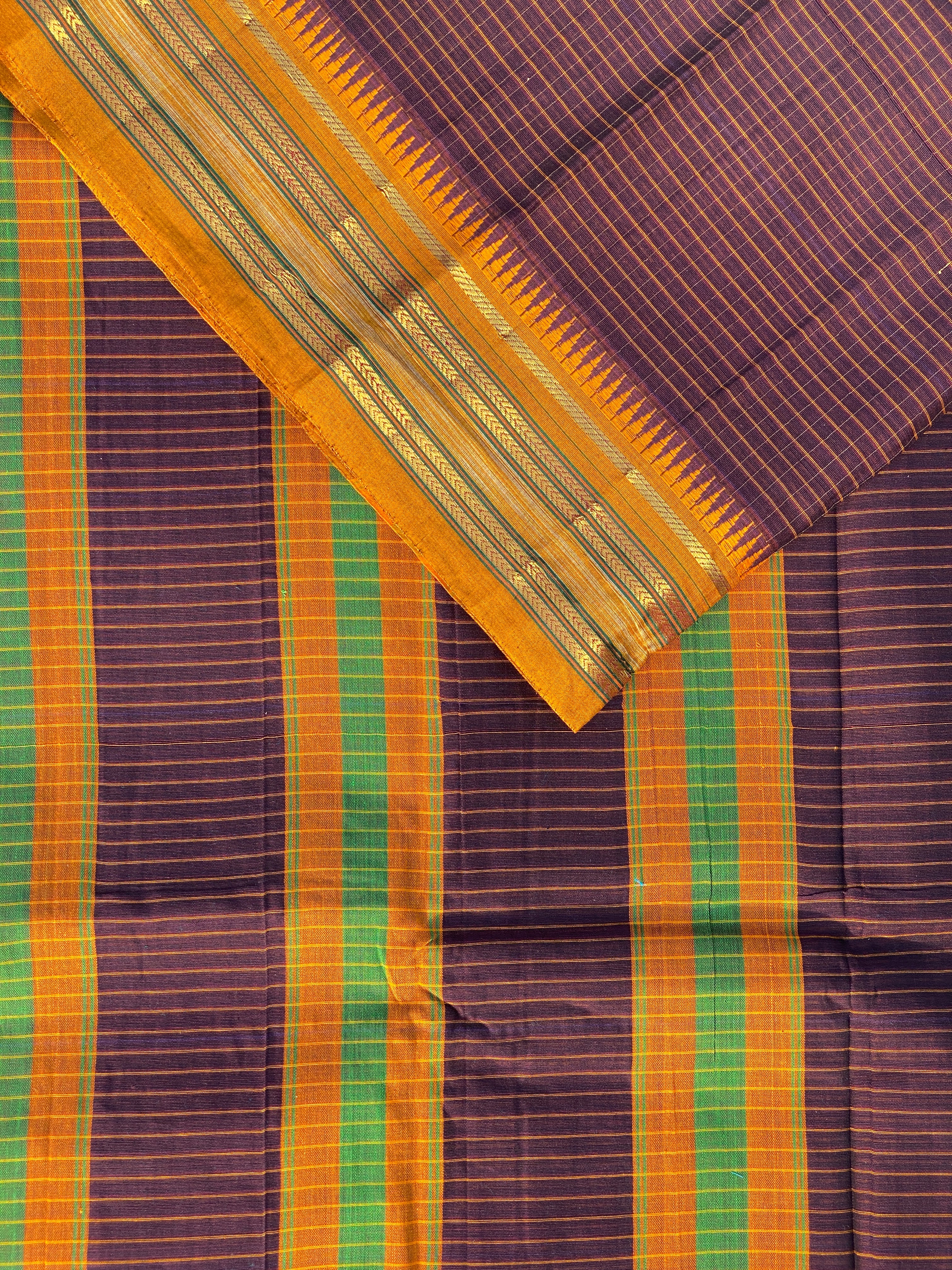 Narayanpet Cotton Saree - Brown Yellow Checks