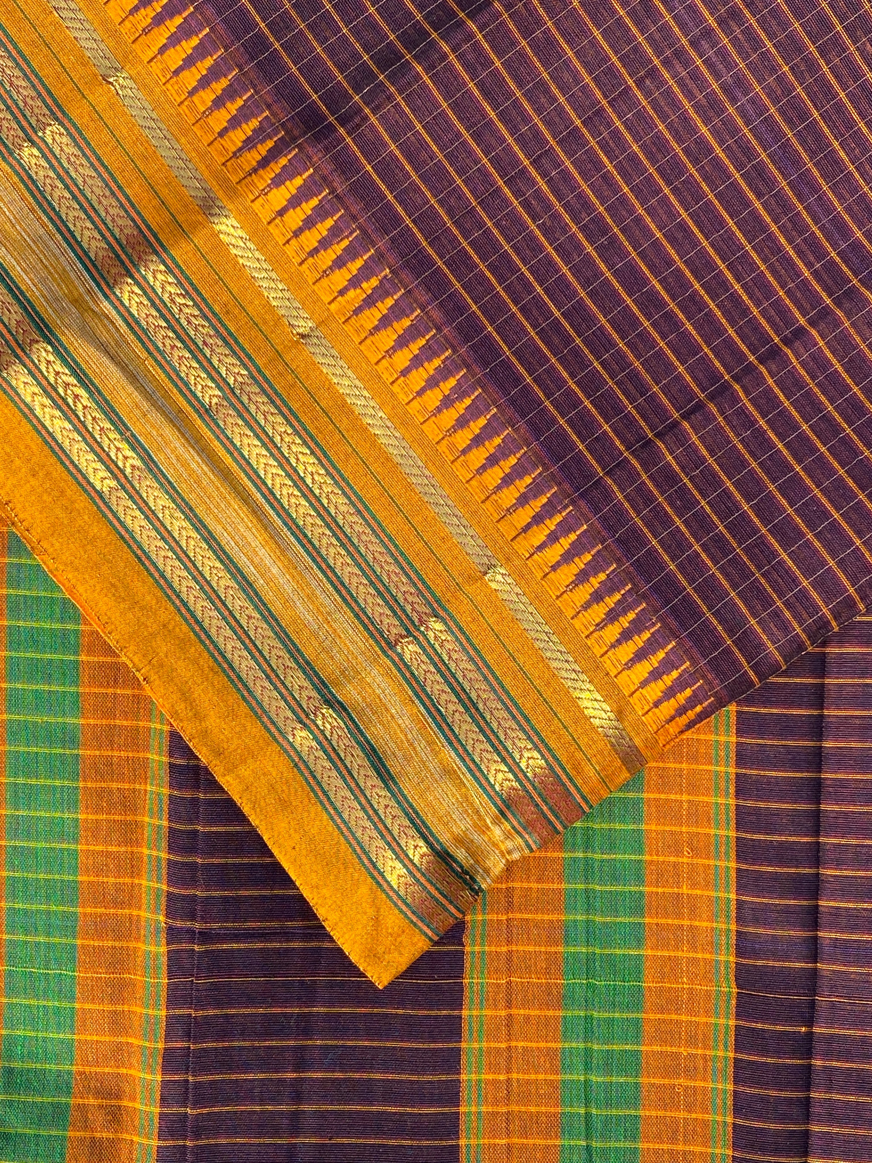 Narayanpet Cotton Saree - Brown Yellow Checks