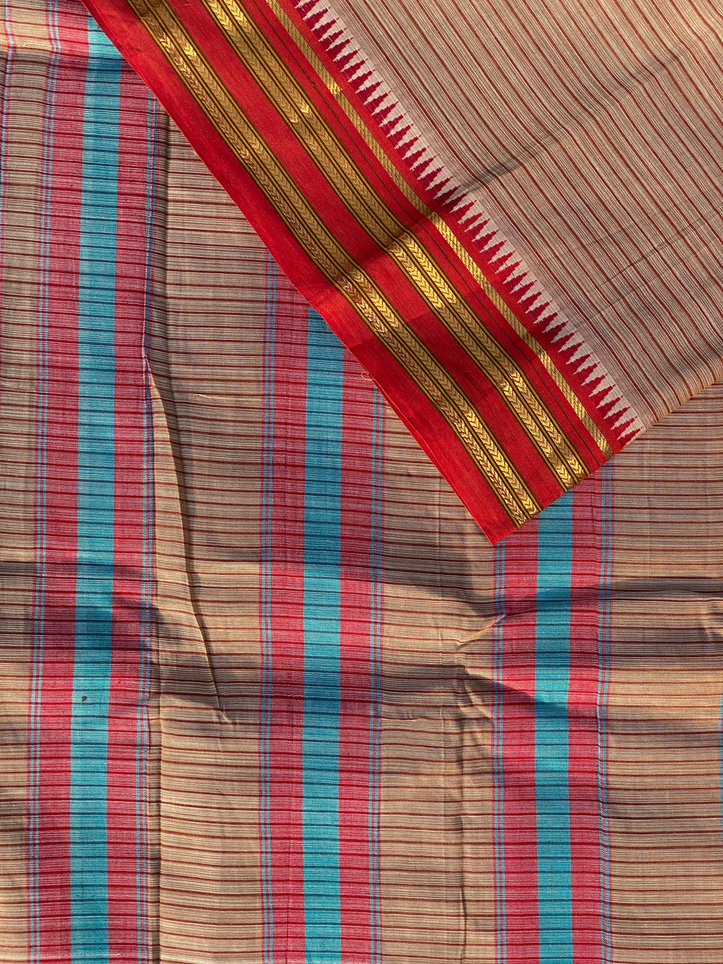 Narayanpet Cotton Saree - Brown Red Stripes