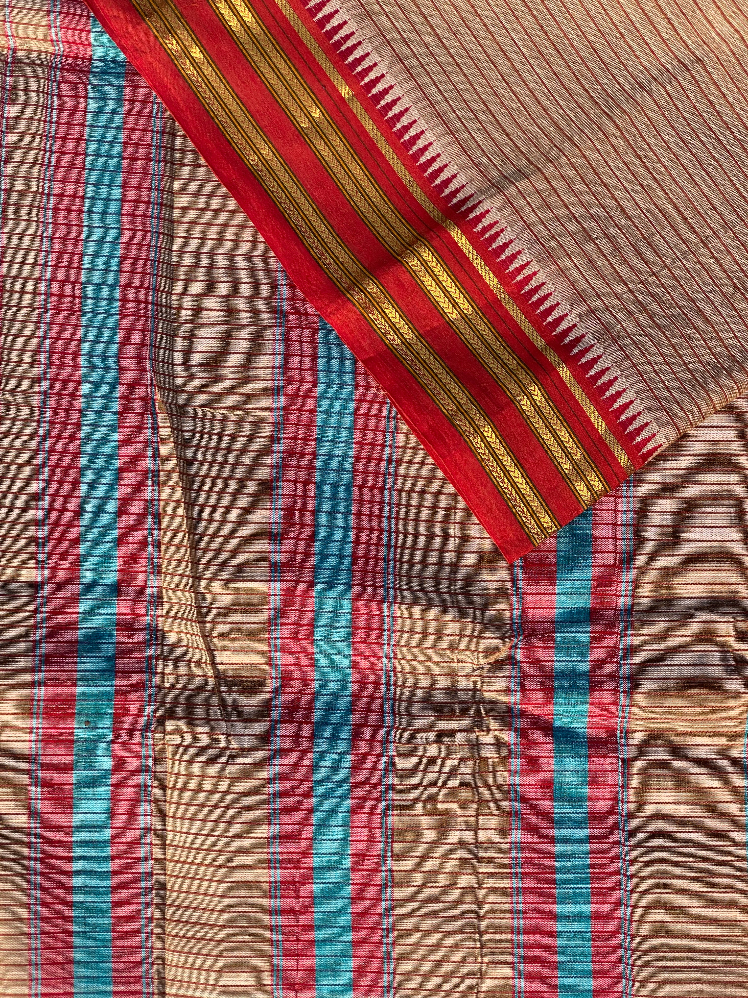 Narayanpet Cotton Saree - Brown Red Stripes