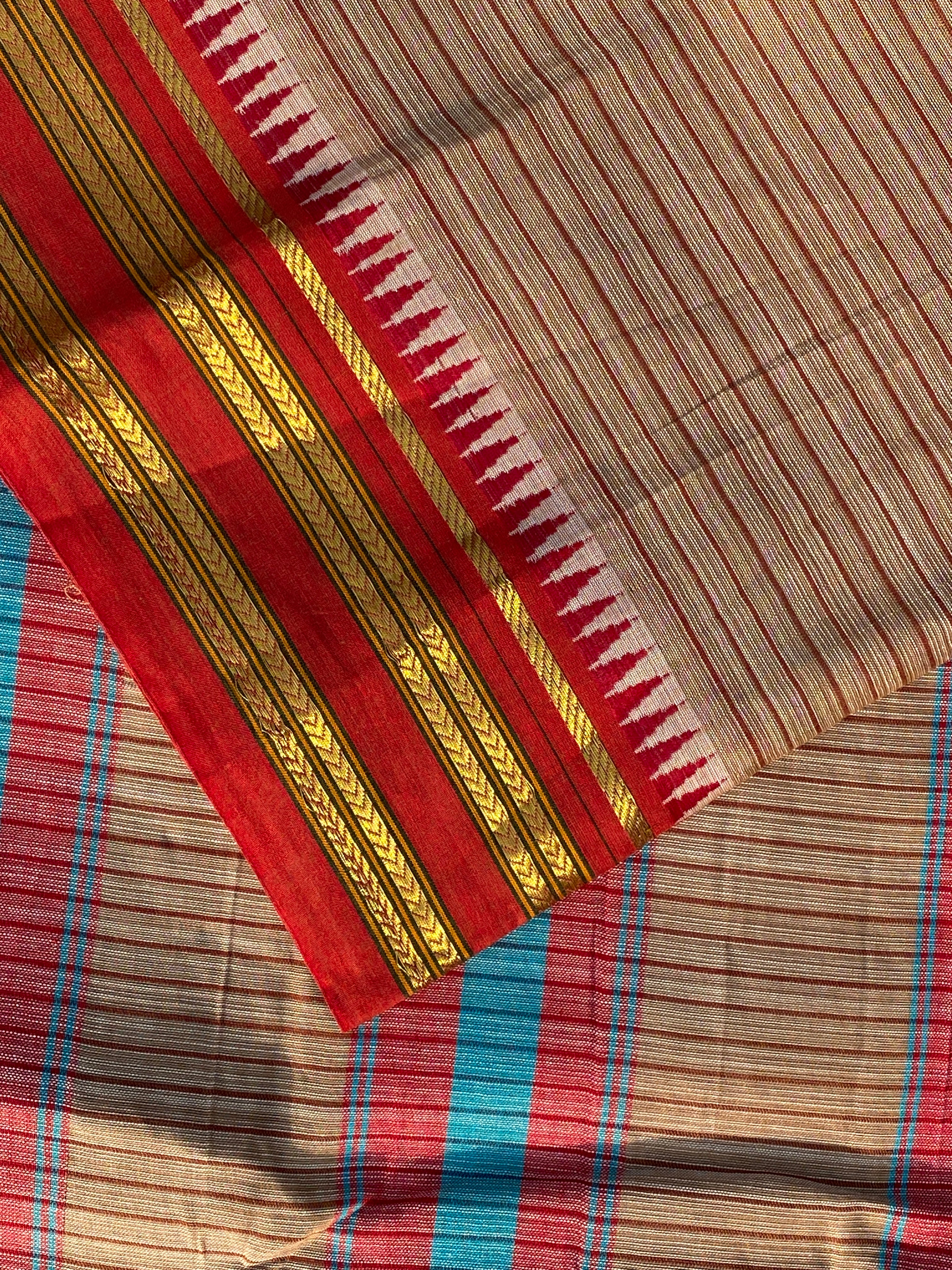 Narayanpet Cotton Saree - Brown Red Stripes