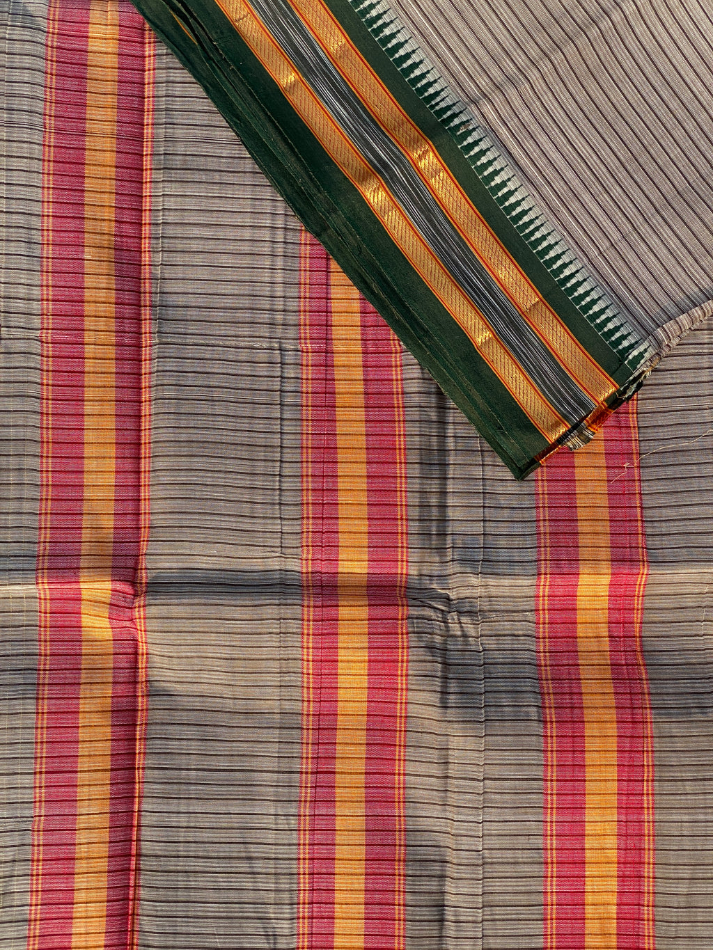 Narayanpet Cotton Saree - Brown Green Stripes