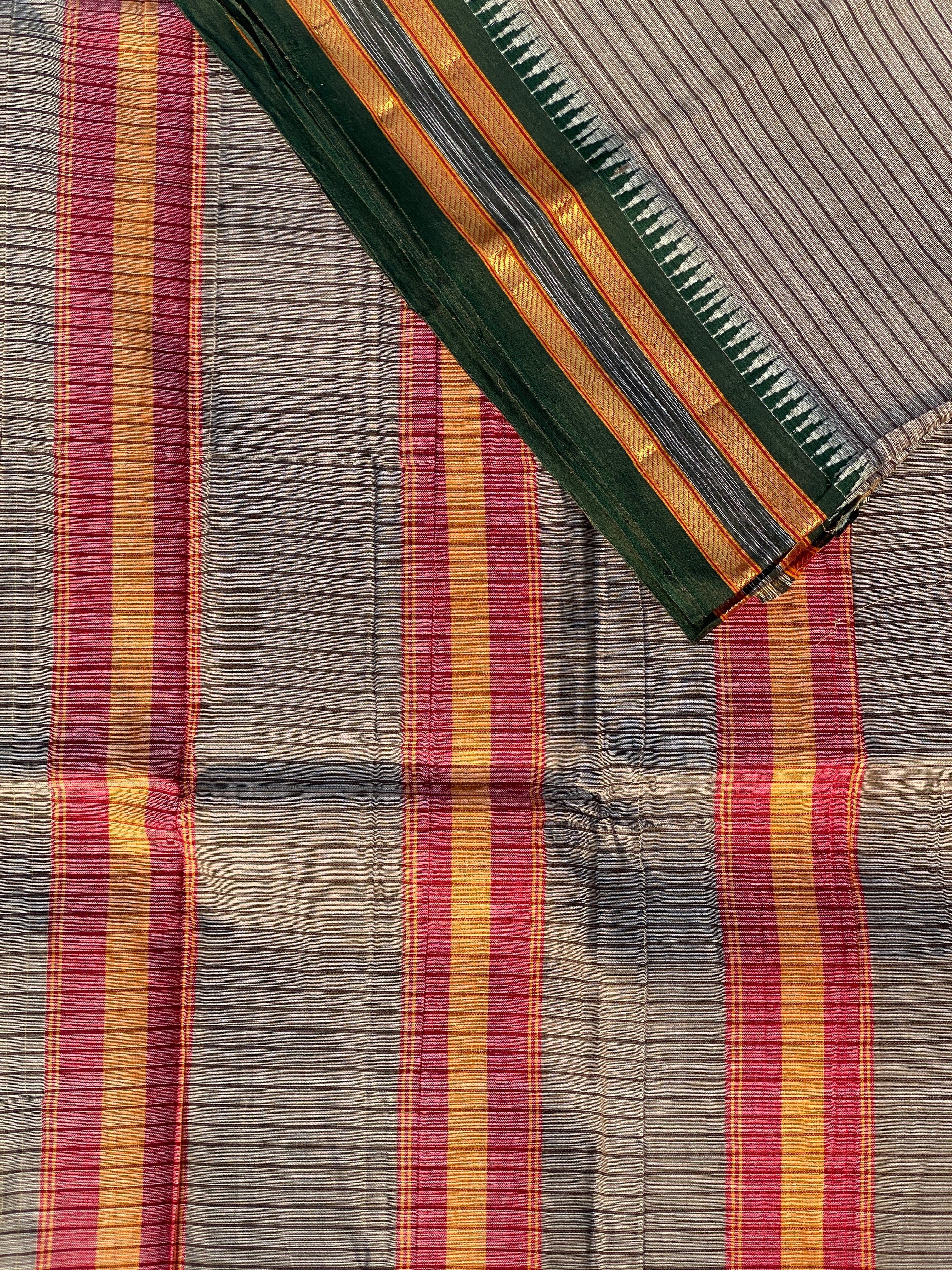 Narayanpet Cotton Saree - Brown Green Stripes
