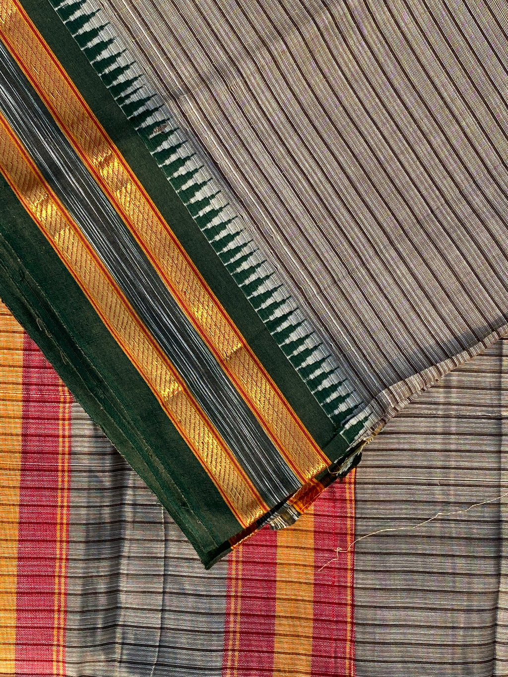 Narayanpet Cotton Saree - Brown Green Stripes
