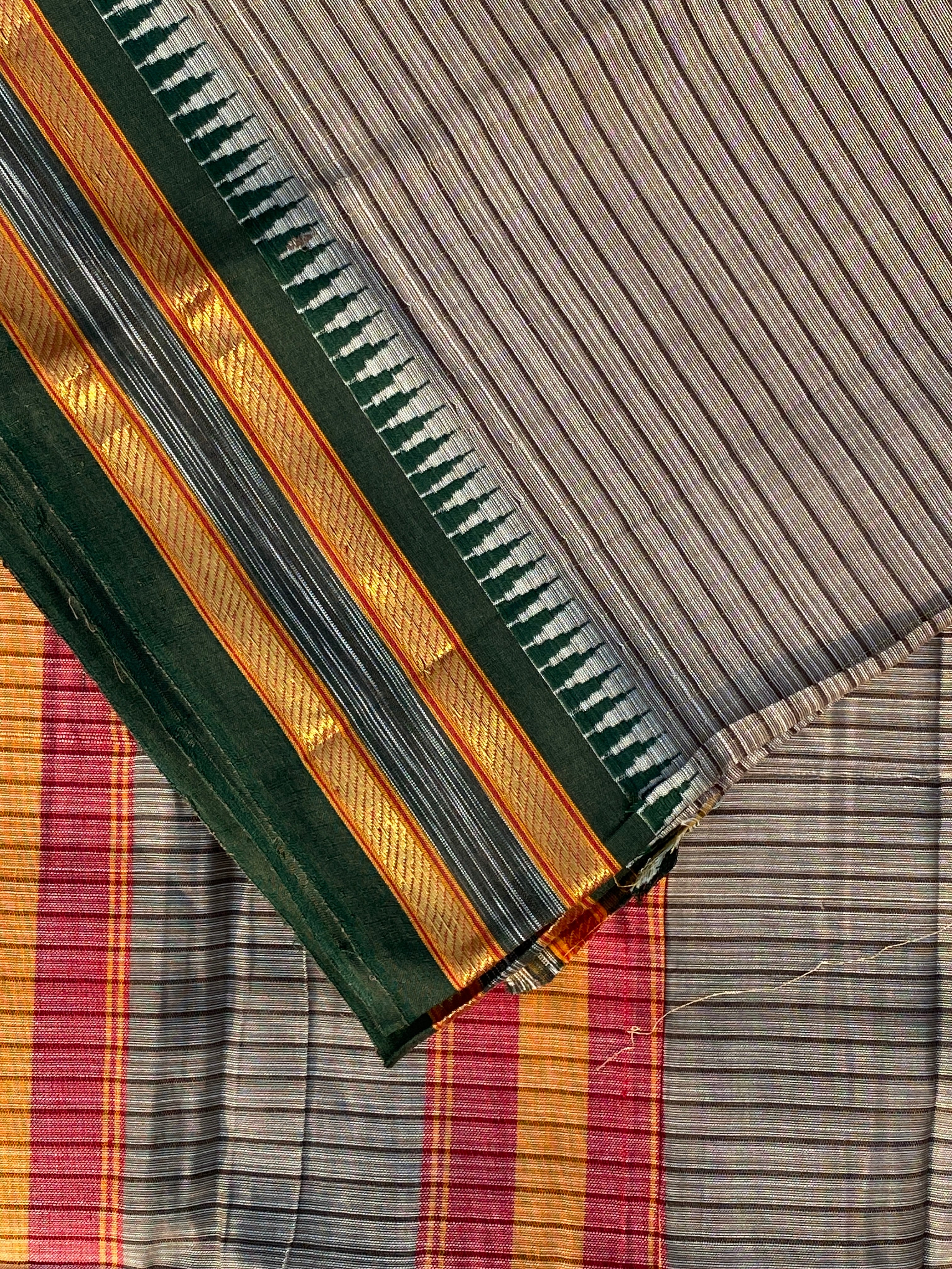 Narayanpet Cotton Saree - Brown Green Stripes