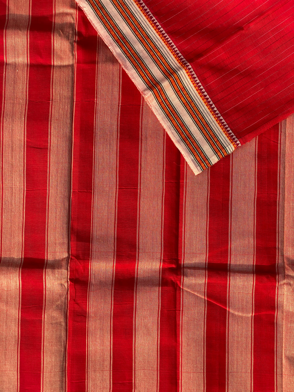 Narayanpet Cotton Saree - Red Cream Stripes