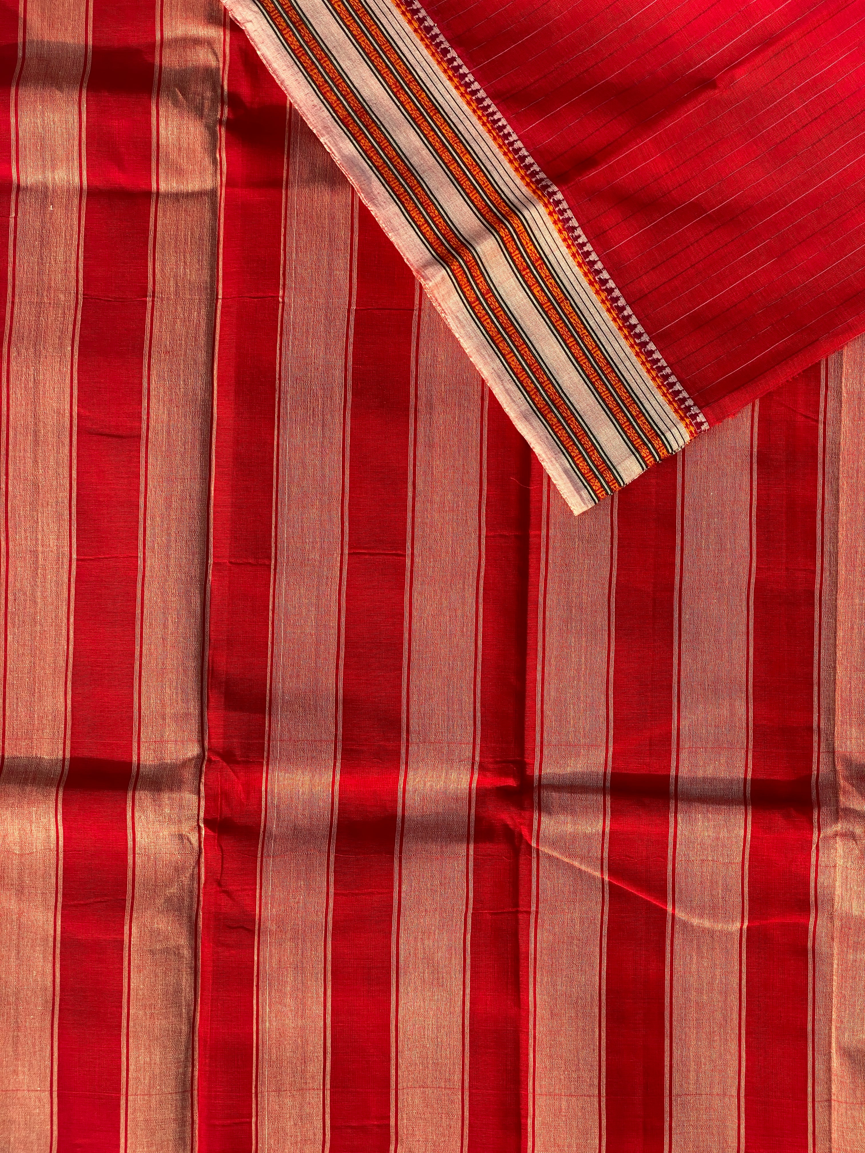 Narayanpet Cotton Saree - Red Cream Stripes