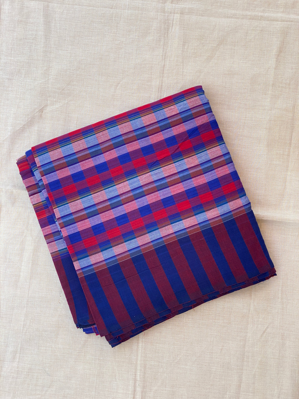 Checks Cotton Saree - Blue Red