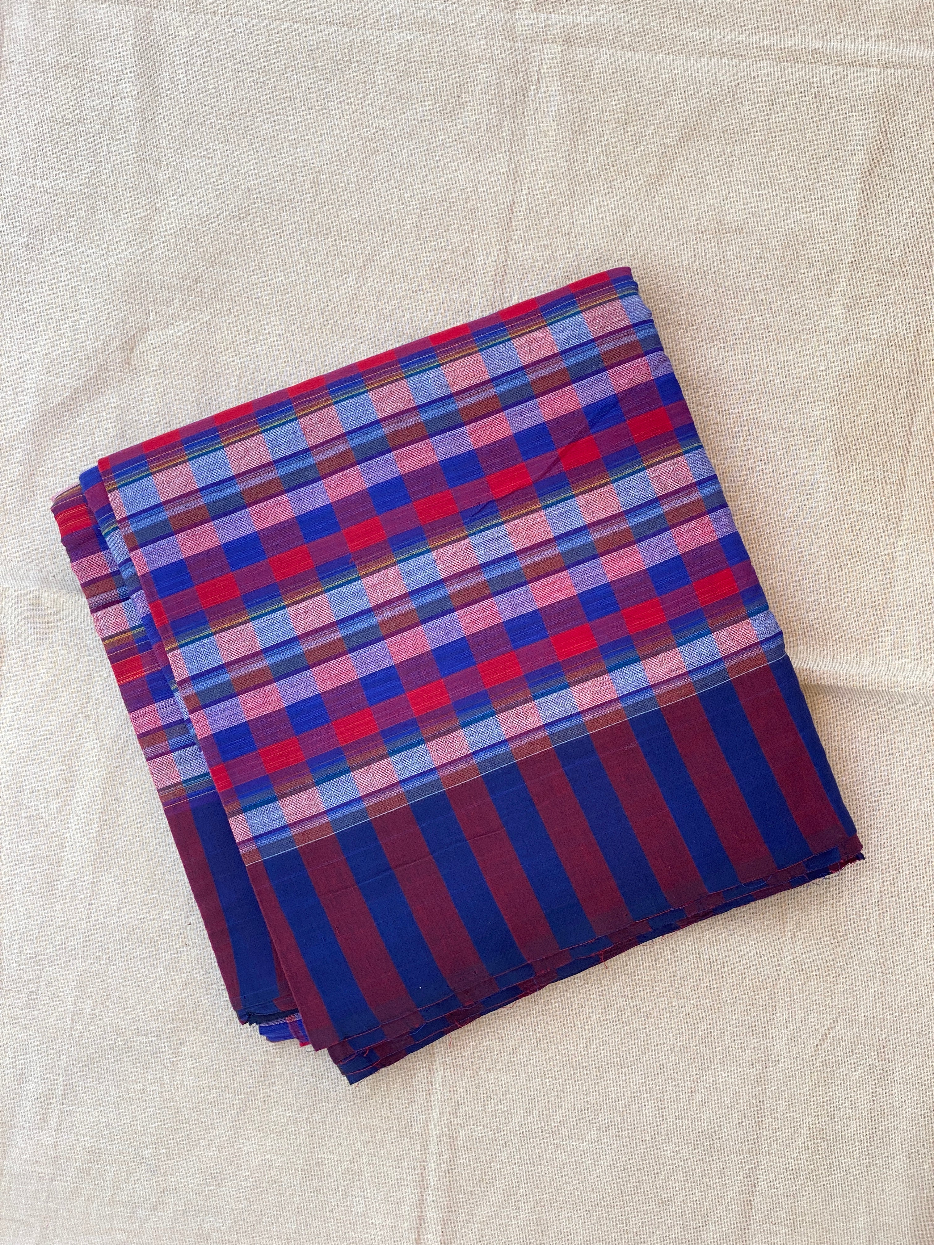 Checks Cotton Saree - Blue Red
