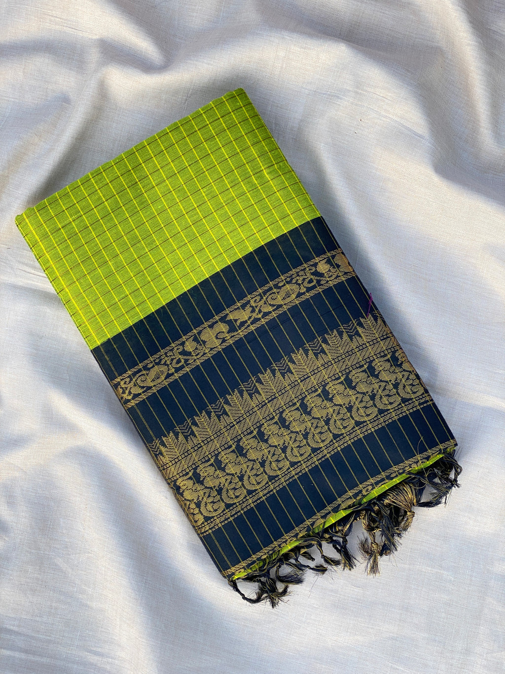 Kalyani Cotton - Parrot Green (Black Border)