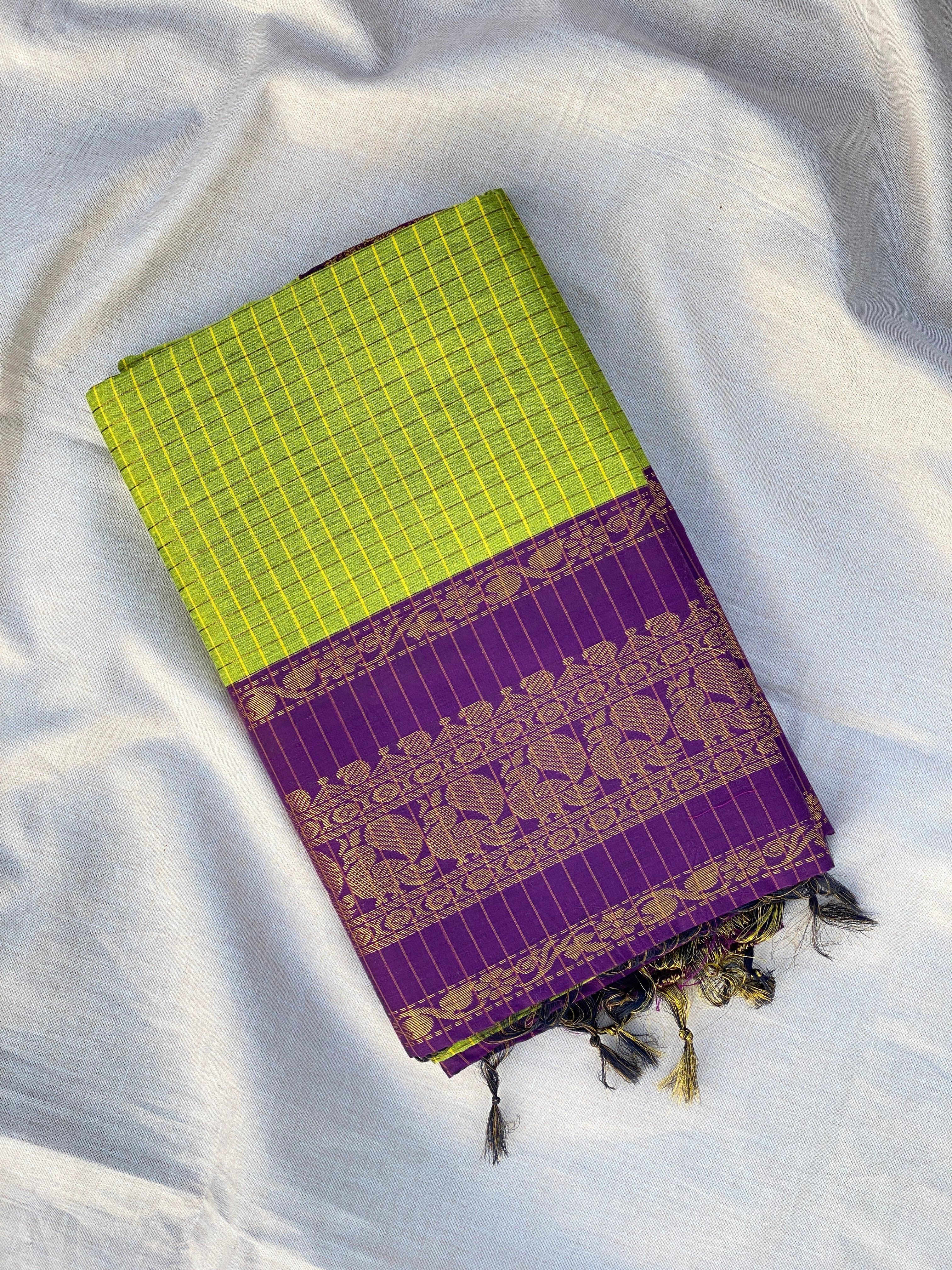 Kalyani Cotton - Parrot Green (Purple Border)