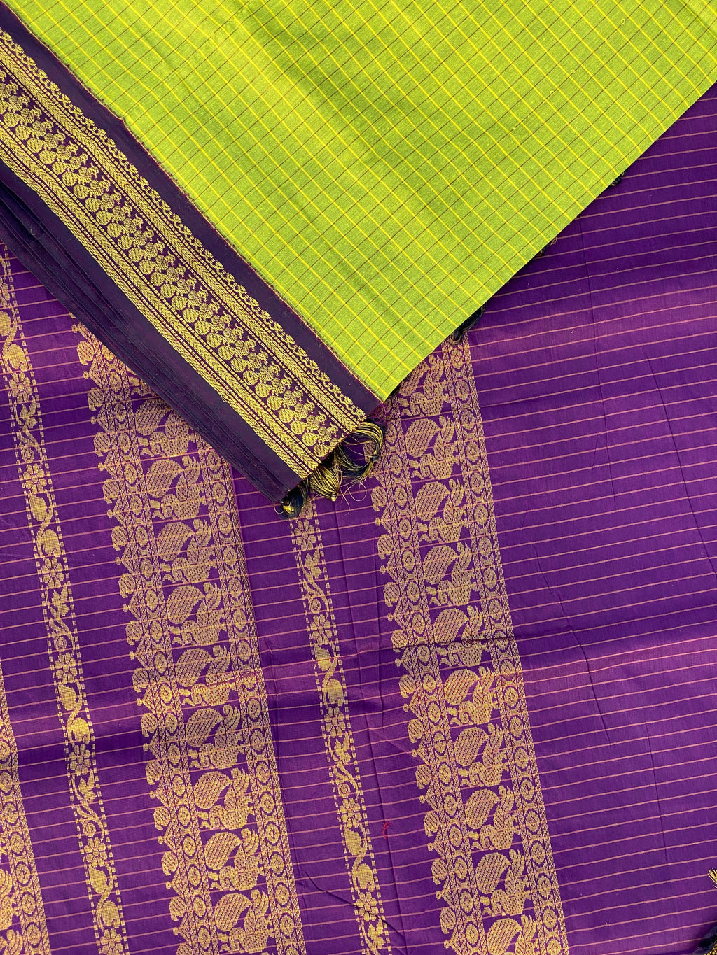 Kalyani Cotton - Parrot Green (Purple Border)