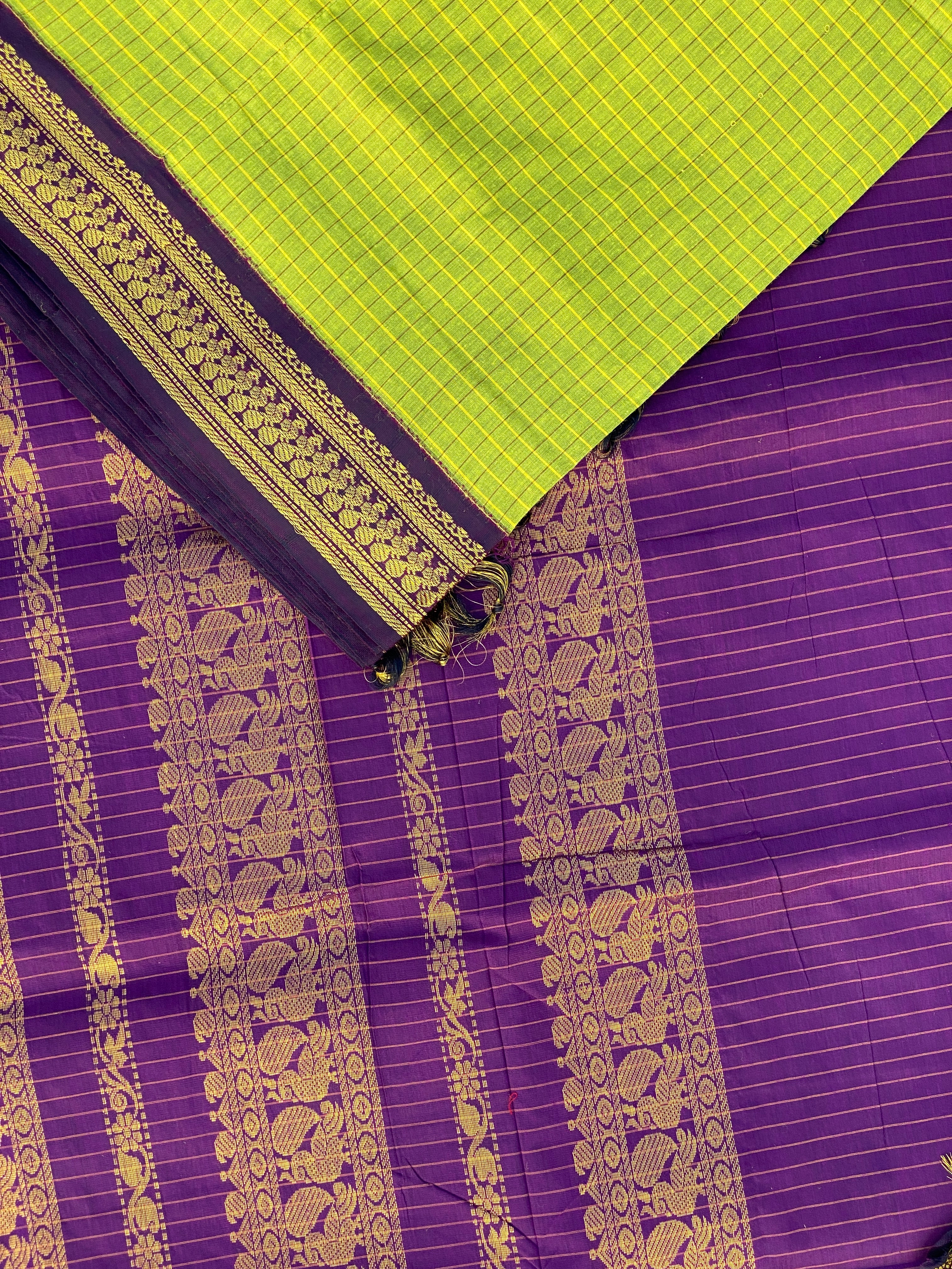 Kalyani Cotton - Parrot Green (Purple Border)