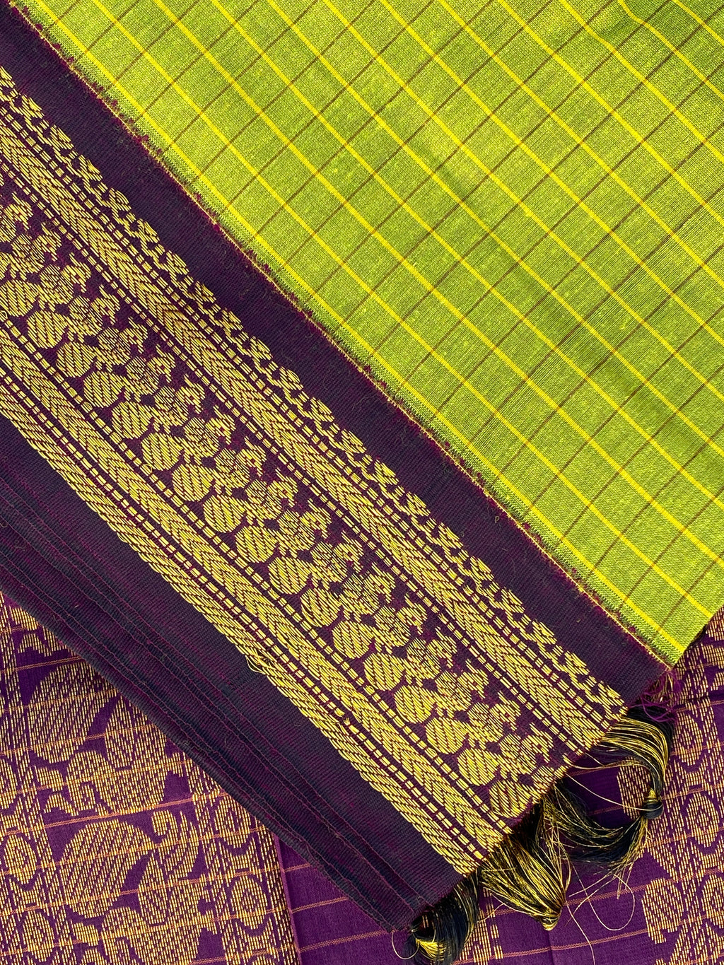 Kalyani Cotton - Parrot Green (Purple Border)