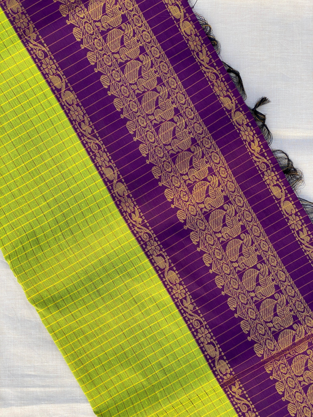 Kalyani Cotton - Parrot Green (Purple Border)