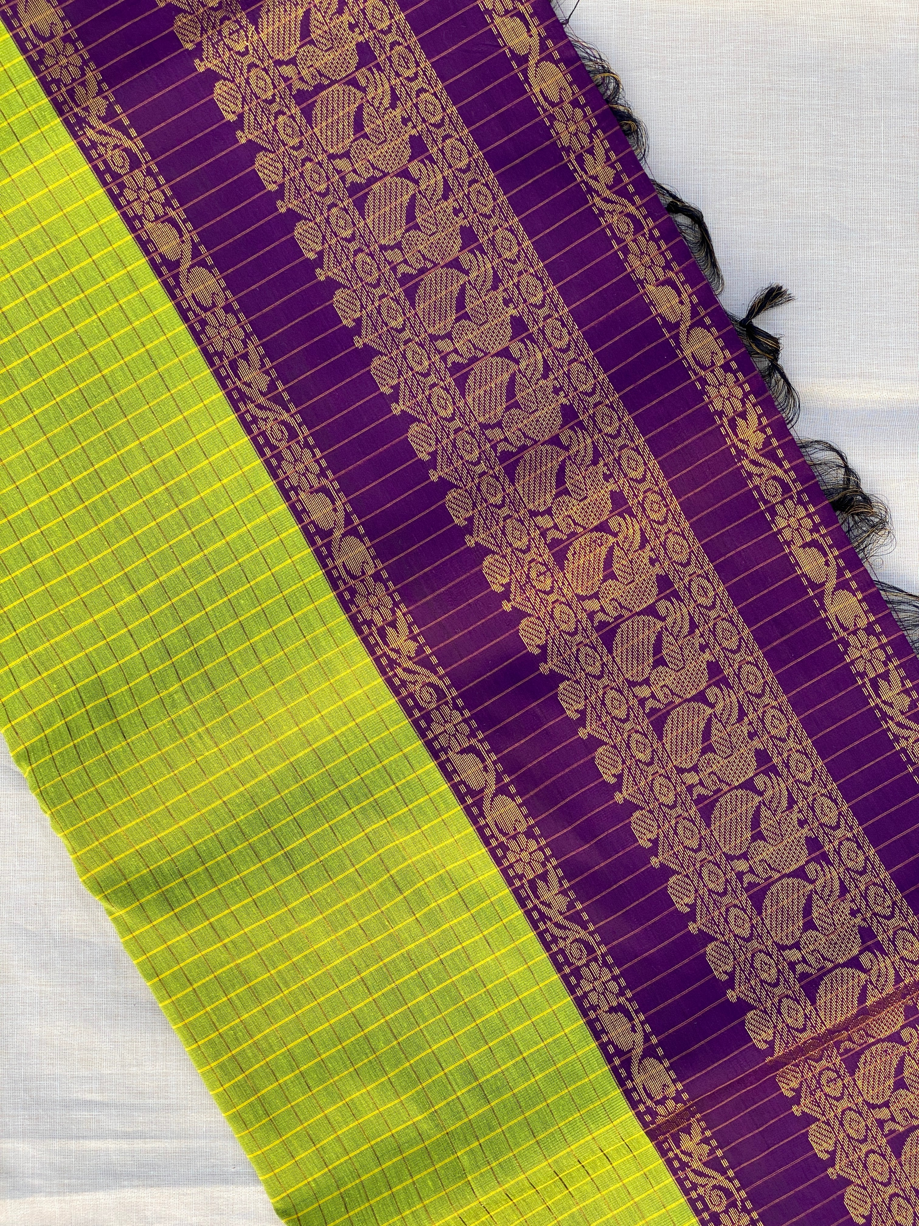 Kalyani Cotton - Parrot Green (Purple Border)